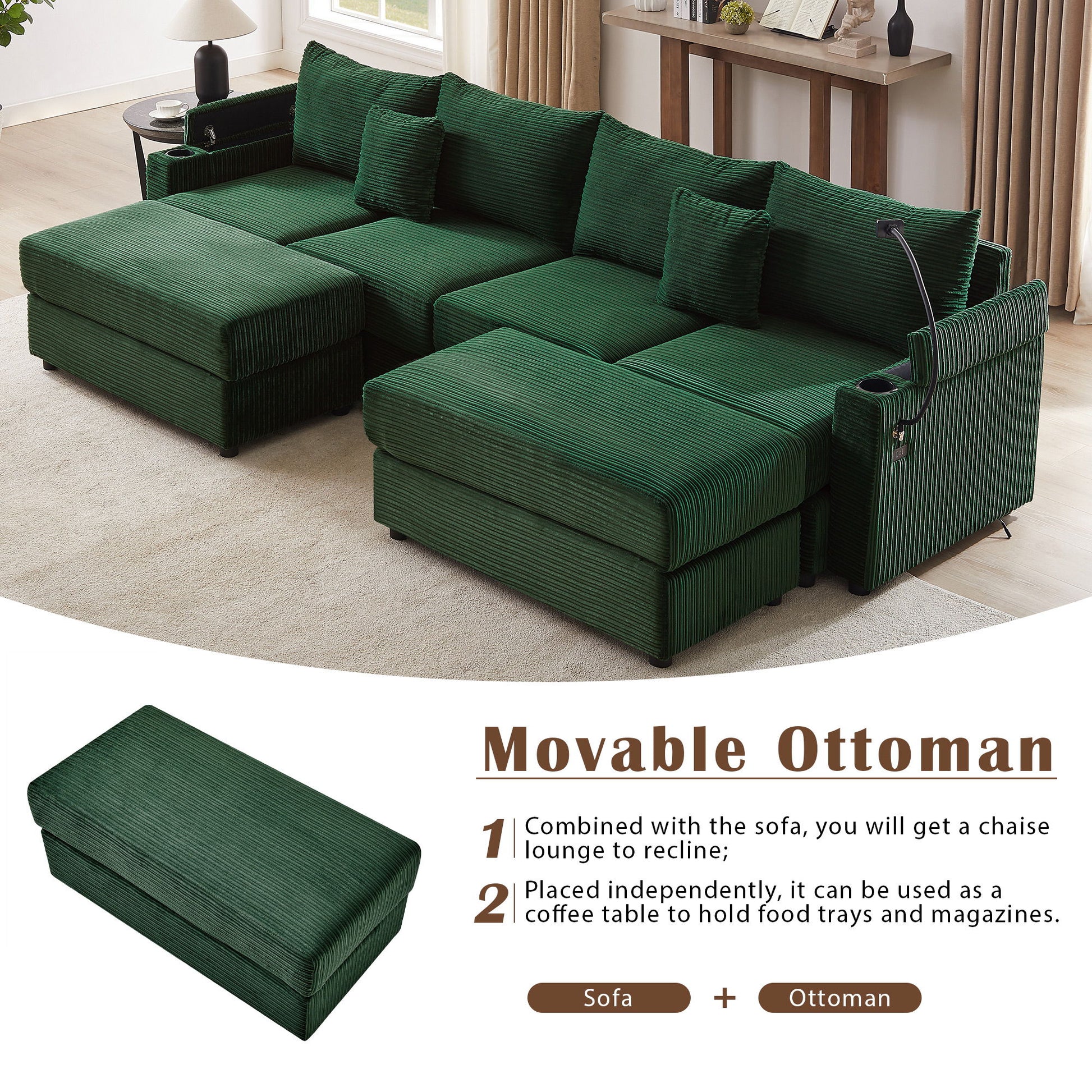 Modern Style Loveseat Sofa Sectional Sofa Couch With Storage Space, A Movable Ottoman, Two USB Ports, Two Cup Holders, A Phone Holder For Living Room - Best Buy Furniture