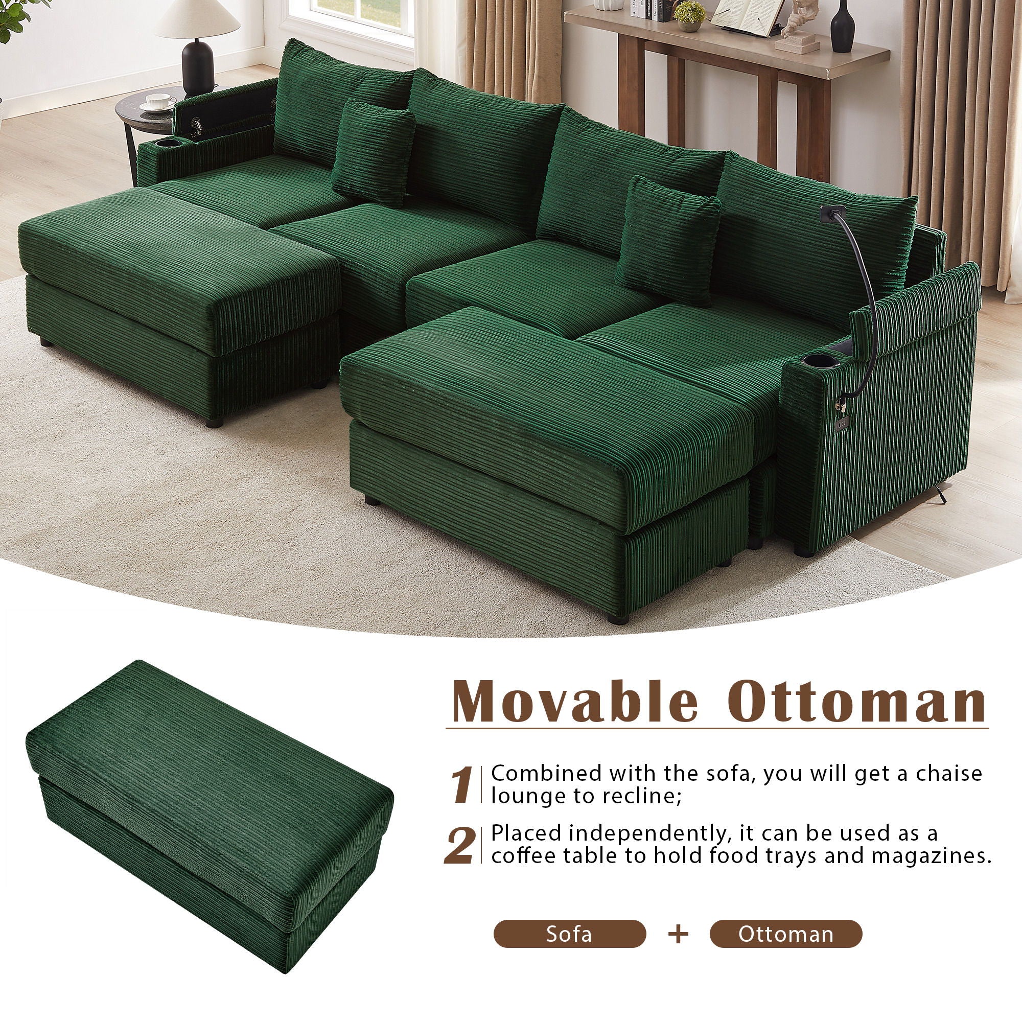 Modern Style Loveseat Sofa Sectional Sofa Couch With Storage Space, A Movable Ottoman, Two USB Ports, Two Cup Holders, A Phone Holder For Living Room - Best Buy Furniture