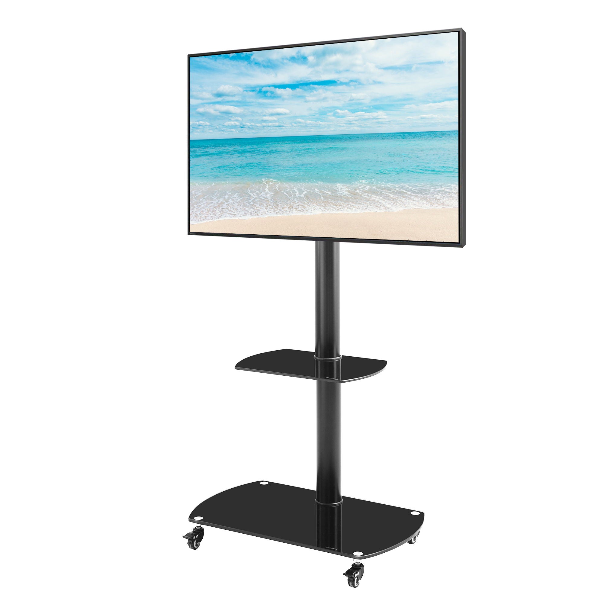 Height And Angle Adjustable Multi-Function Tempered Glass Metal Frame Floor With Lockable Wheels Mobile TV Stand, Lcd / Plasma TV Bracket 2 Tier Tempered Glass Shelves For Multiple Media Devices - Black - Best Buy Furniture