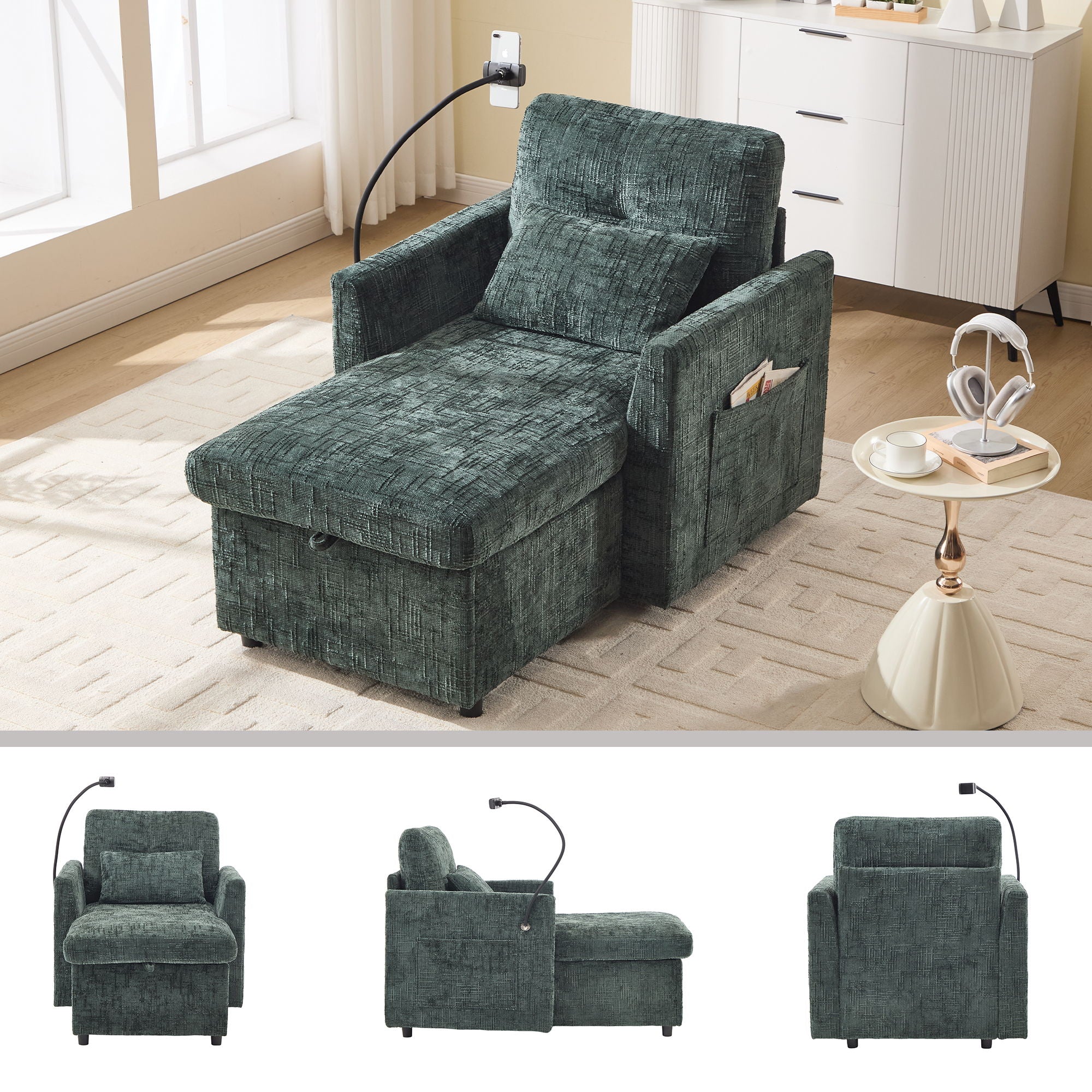 Multifunctional Chenille Recliner Sofa With Storage And Phone Bracket - Best Buy Furniture