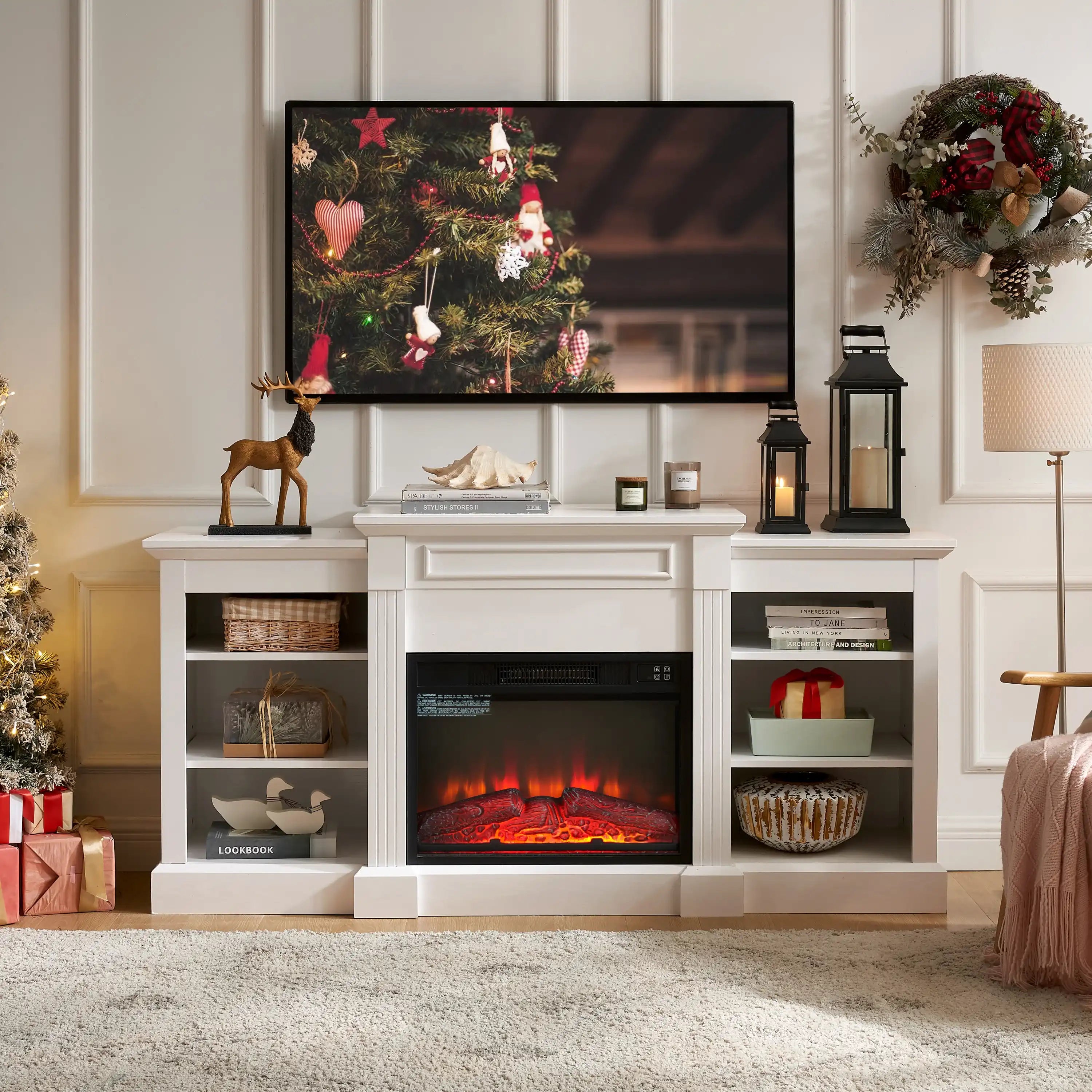Modern White TV Media Console Table with Large Storage Cabinet, with 23' Fireplace Insert - Best Buy Furniture