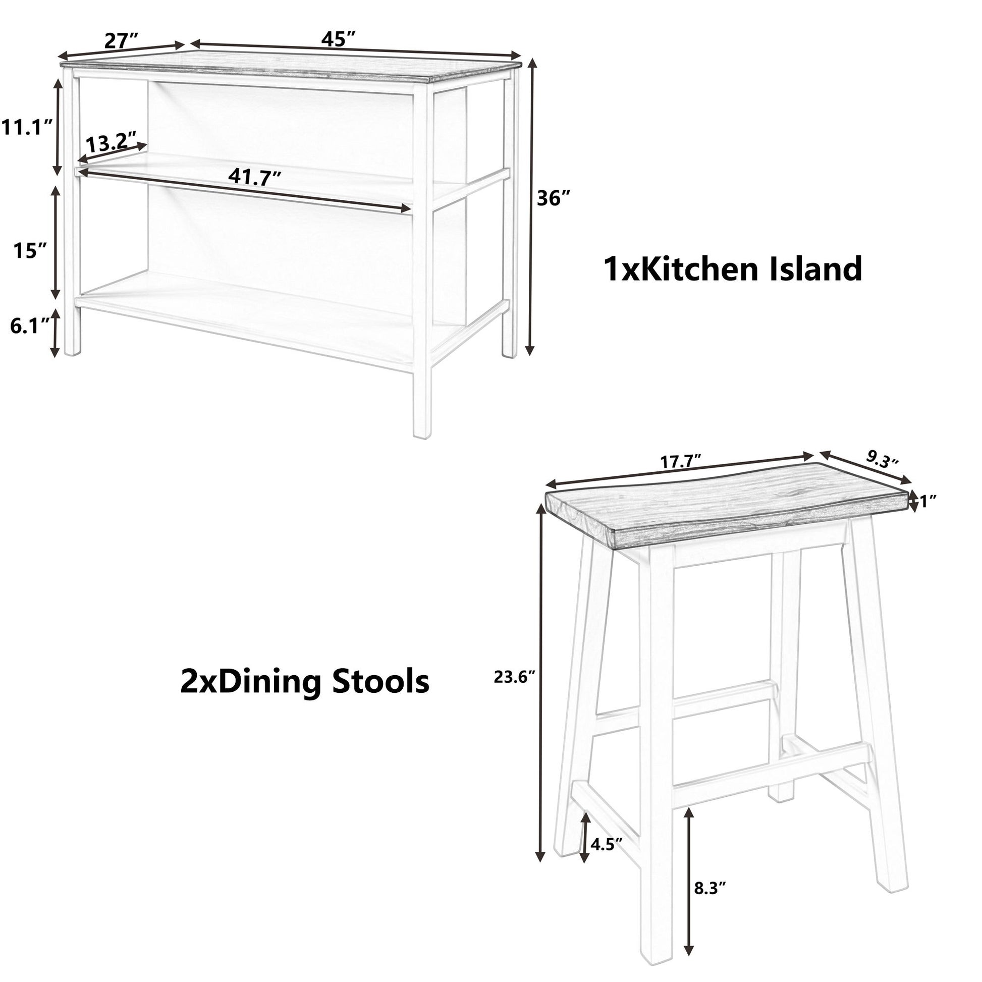 Rustic 3 Piece Stationary Kitchen Island Set With 2 Seatings, With 2 Open Shelves - Best Buy Furniture