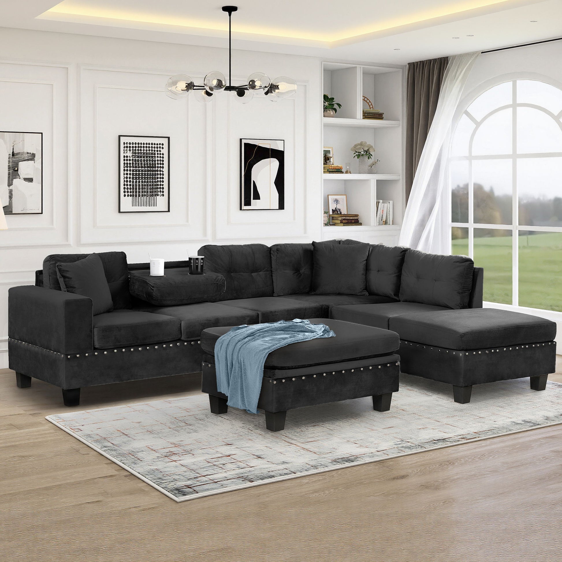 Modern Sectional Sofa With Storage Ottoman, L - Shape Couch With 2 Pillows And Cup Holders - Best Buy Furniture