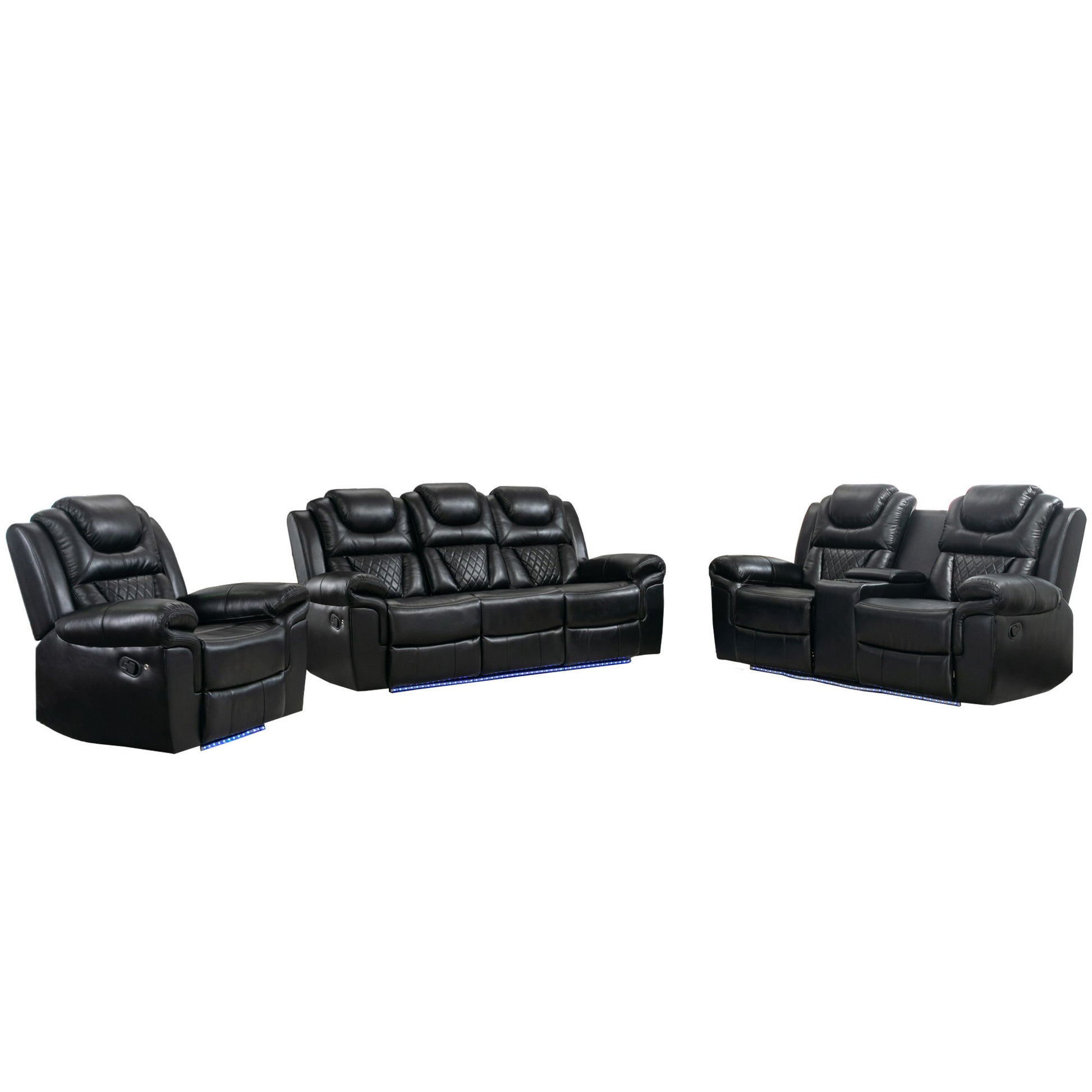 3 Pieces Recliner Sofa Sets Home Theater Seating Manual Recliner Chair With Center Console And LED Light Strip For Living Room - Best Buy Furniture