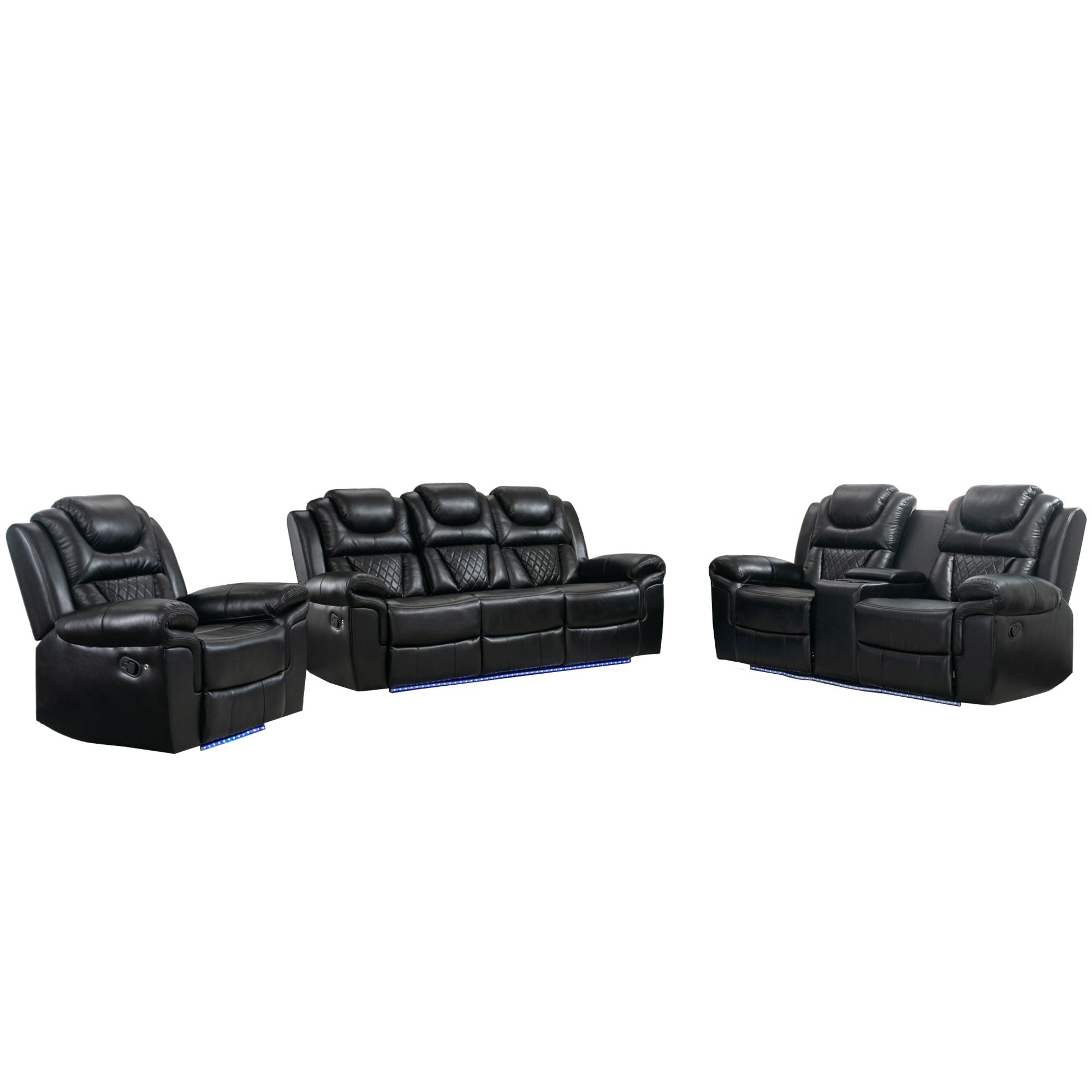 3 Pieces Recliner Sofa Sets Home Theater Seating Manual Recliner Chair With Center Console And LED Light Strip For Living Room - Best Buy Furniture