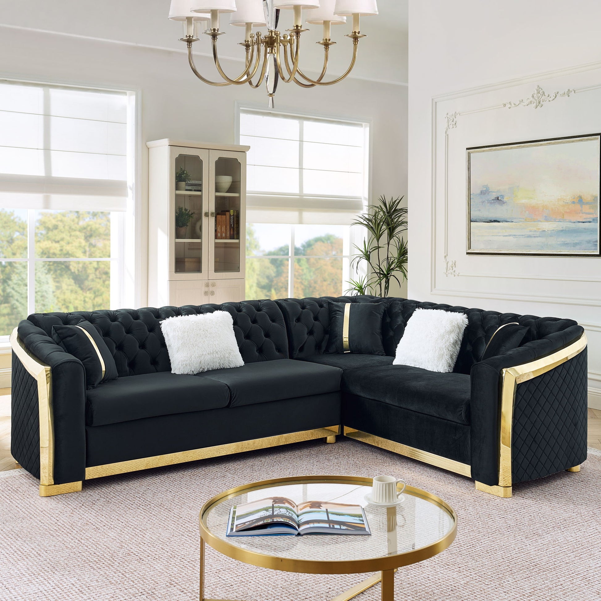 L Shaped Chesterfield Sectional Sofa With Stainless Steel Accents - Best Buy Furniture