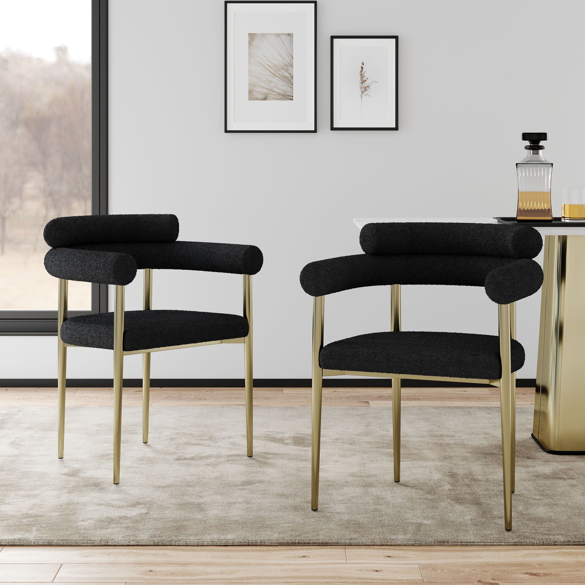 Dining Chairs (Set of 2), Mid-Century Modern Dining Chairs, Kitchen Dining Room Chairs, Round Boucle Backrest Sherpa Dining Chair With Brushed Bronze Metal Legs - Best Buy Furniture