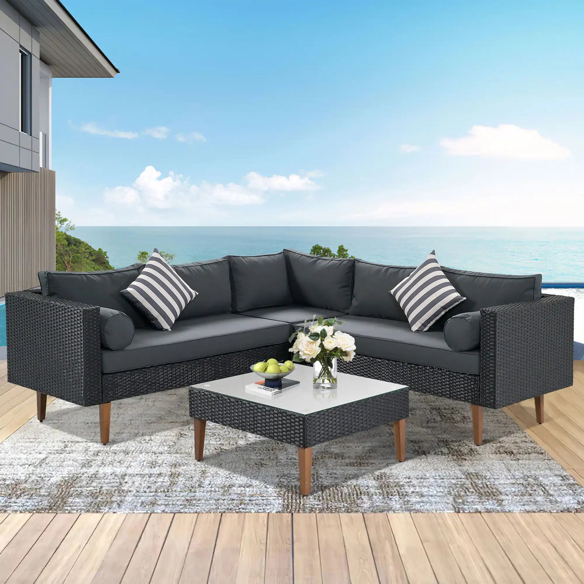 4 Piece L-Shaped Wicker Sofa Set, Outdoor Patio Furniture, Gray and Black - Best Buy Furniture