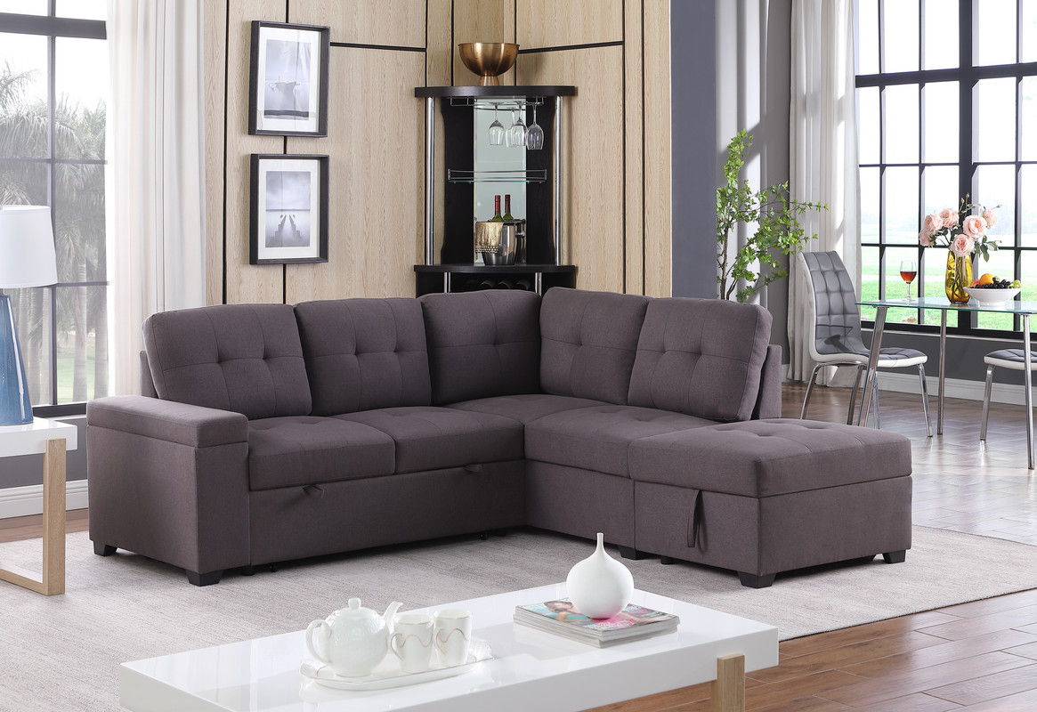 Katie - Linen Sleeper Sectional Sofa With Storage Ottoman, Storage Arm - Brown - Best Buy Furniture