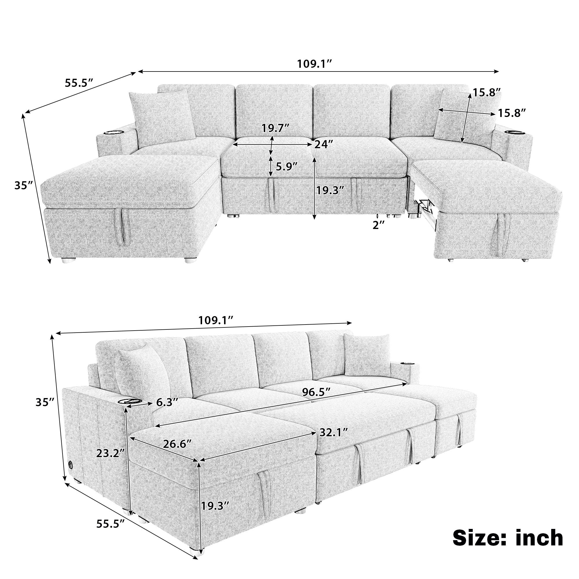 Sectional Sofa Convertible Pull-Out Bed With Storage Ottoman & USB Ports - Best Buy Furniture