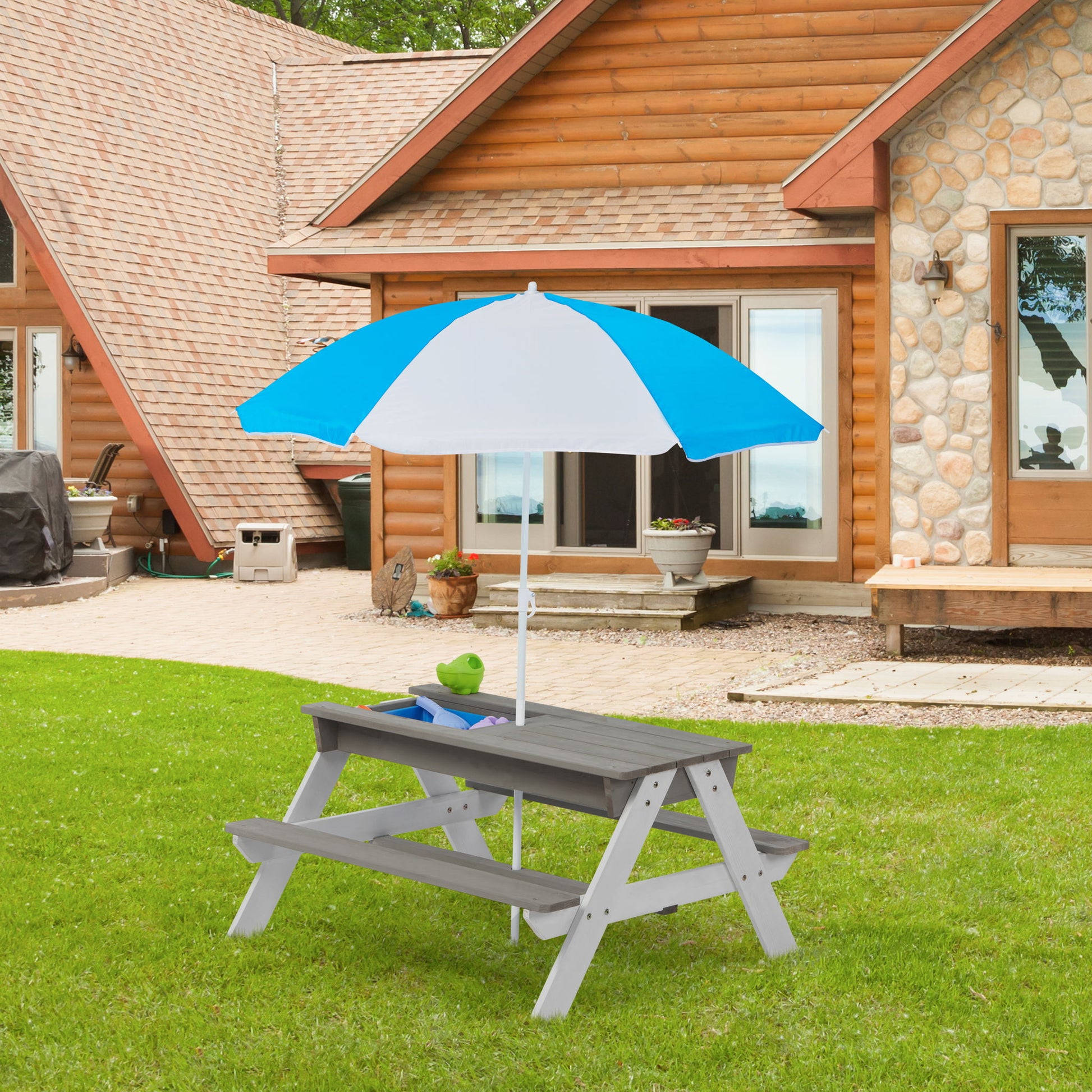 Wooden Kids Picnic Table, Sand And Water Table With Umbrella, Activity Table For Outdoor Backyard Patio Play - White / Gray - Best Buy Furniture