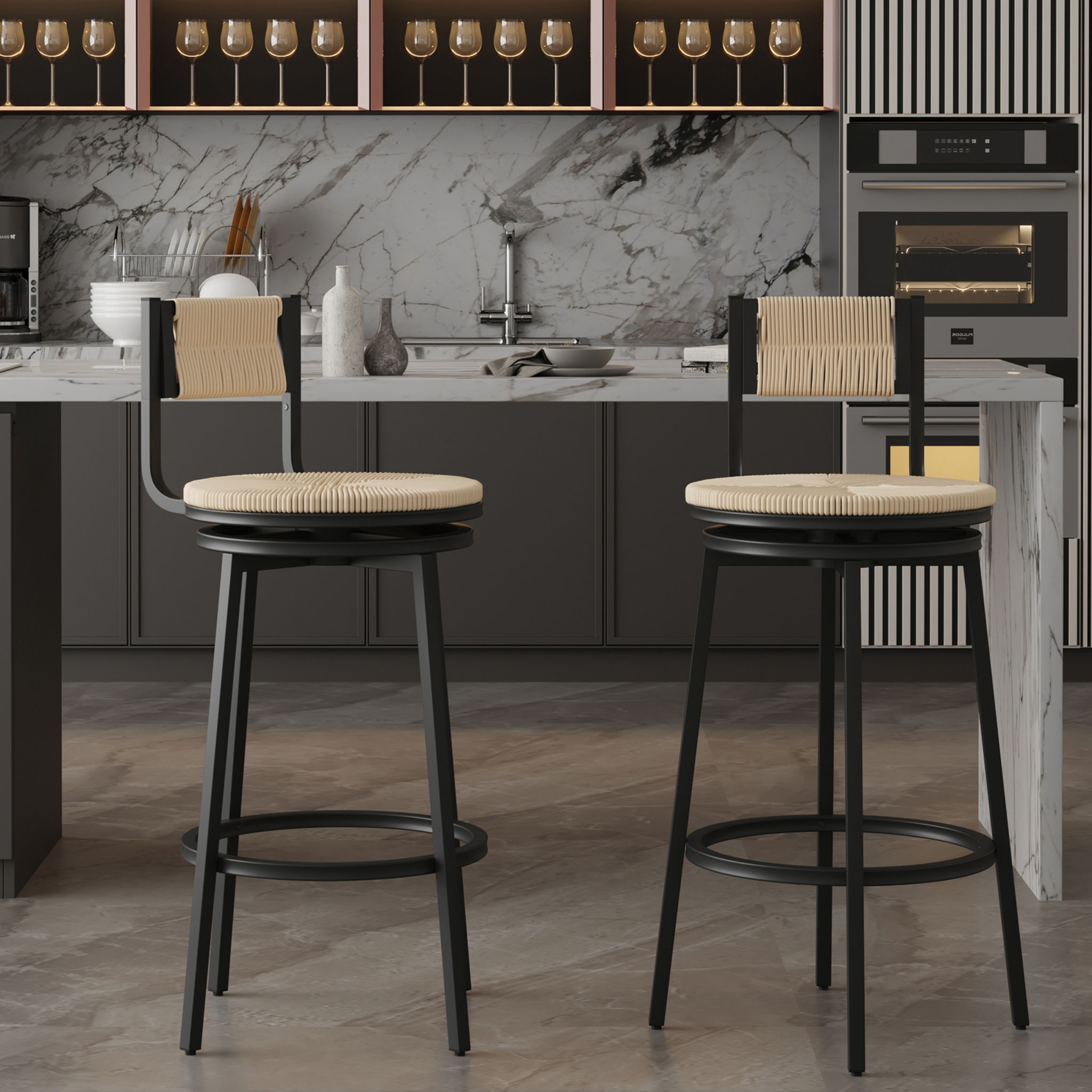 Bar Stools Swivel Counter Chairs With Metal Frame Hand Woven Paper Rope Dining Barstools For Kitchen Counter (Set of 2) - Best Buy Furniture