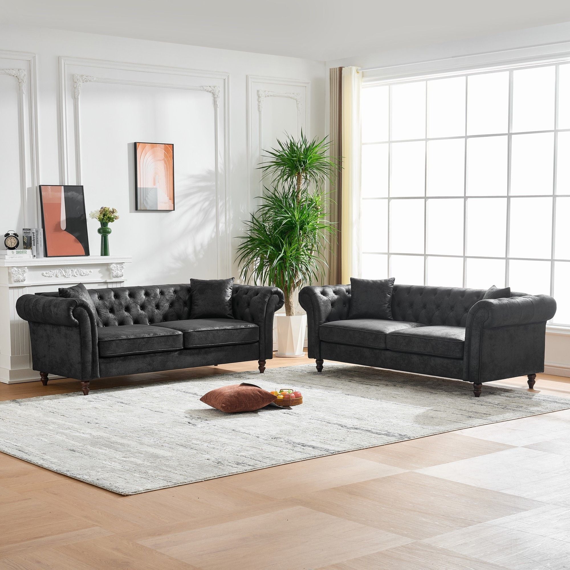 Chesterfield 3 And 3 Seater Sofa Set High Tech Fabric Roll Armrest Upholstered Couch - Best Buy Furniture