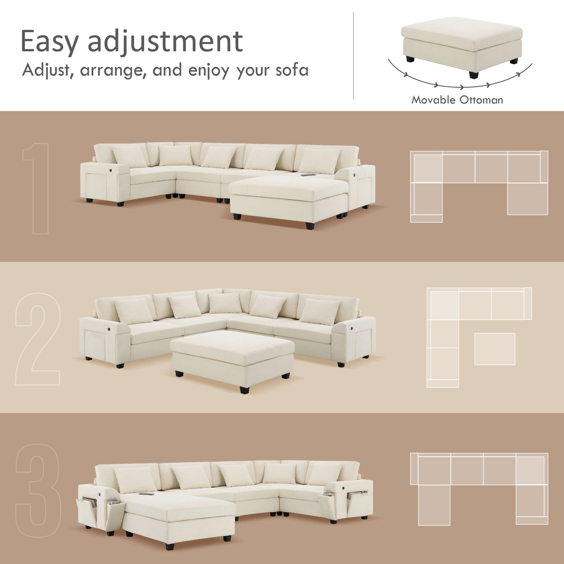 U Shaped Sectional Sofa 6 Seat Couch Set With Oversized Ottoman, Hidden Armrest Storage And Cup Holders USB Charging Ports Wide Seat Sofa - Best Buy Furniture
