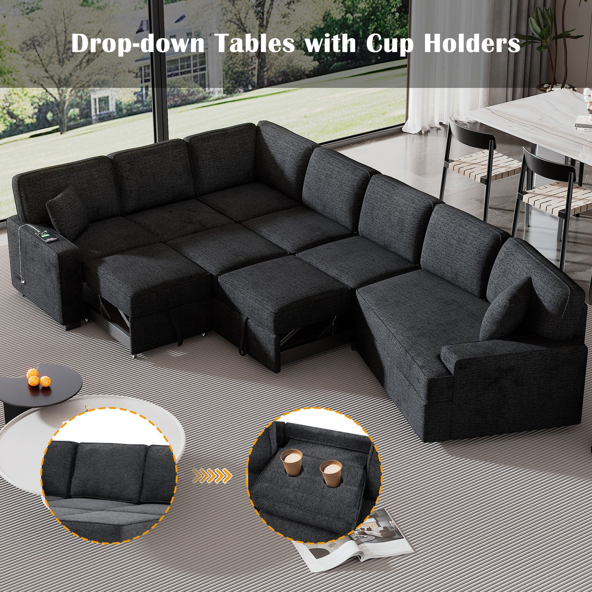 L-Shaped Sofa Sectional Sofa Couch Pull-Out Sofa Bed With Charging Devices And Cup Holders For Living Room - Best Buy Furniture