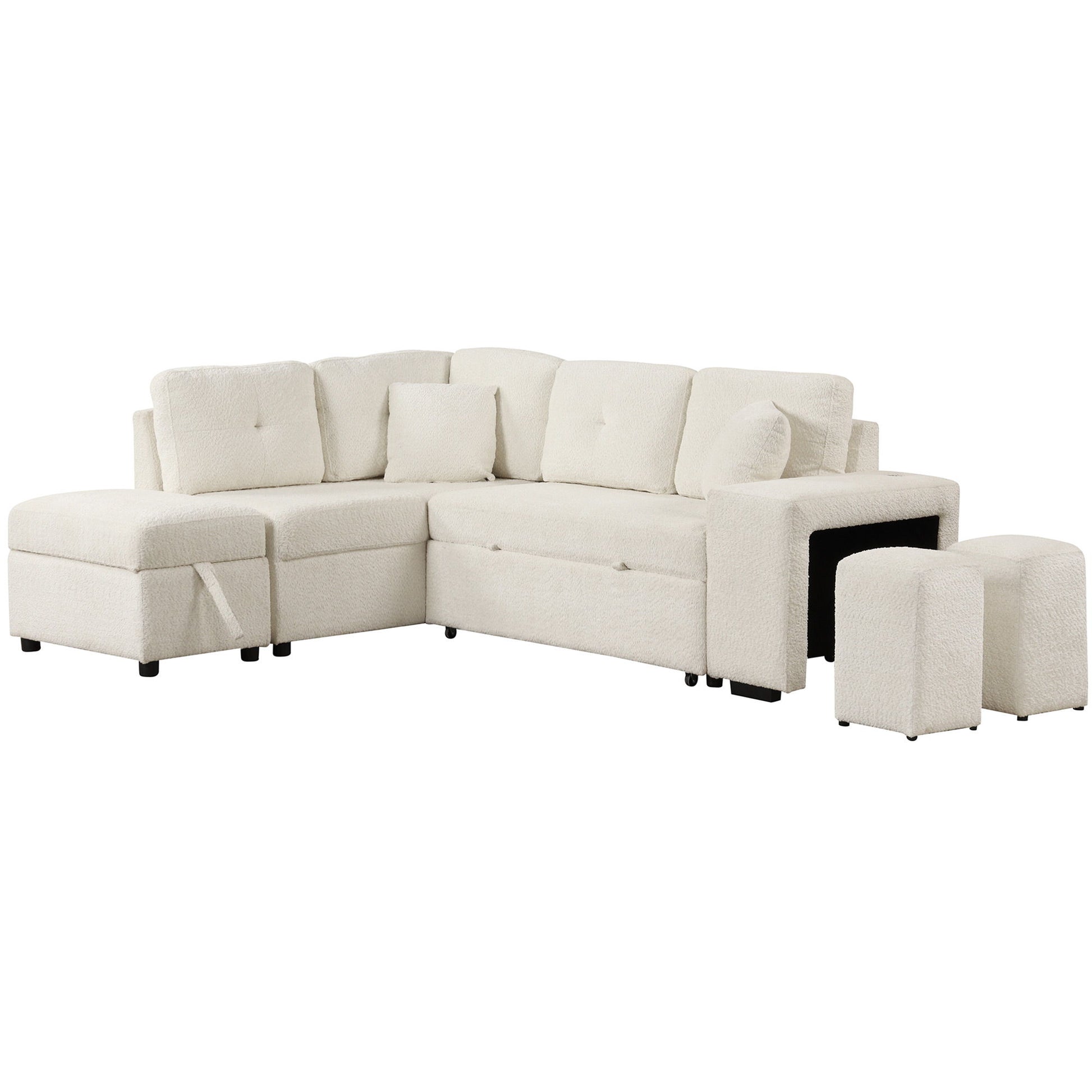 Convertible Sleeper, Sectional Pull Out Sofa Bed With Storage Ottoman, 2 Throw Pillows, 2 Stools, Wireless Charger And Two Hidden USB Ports For Living Room - Best Buy Furniture