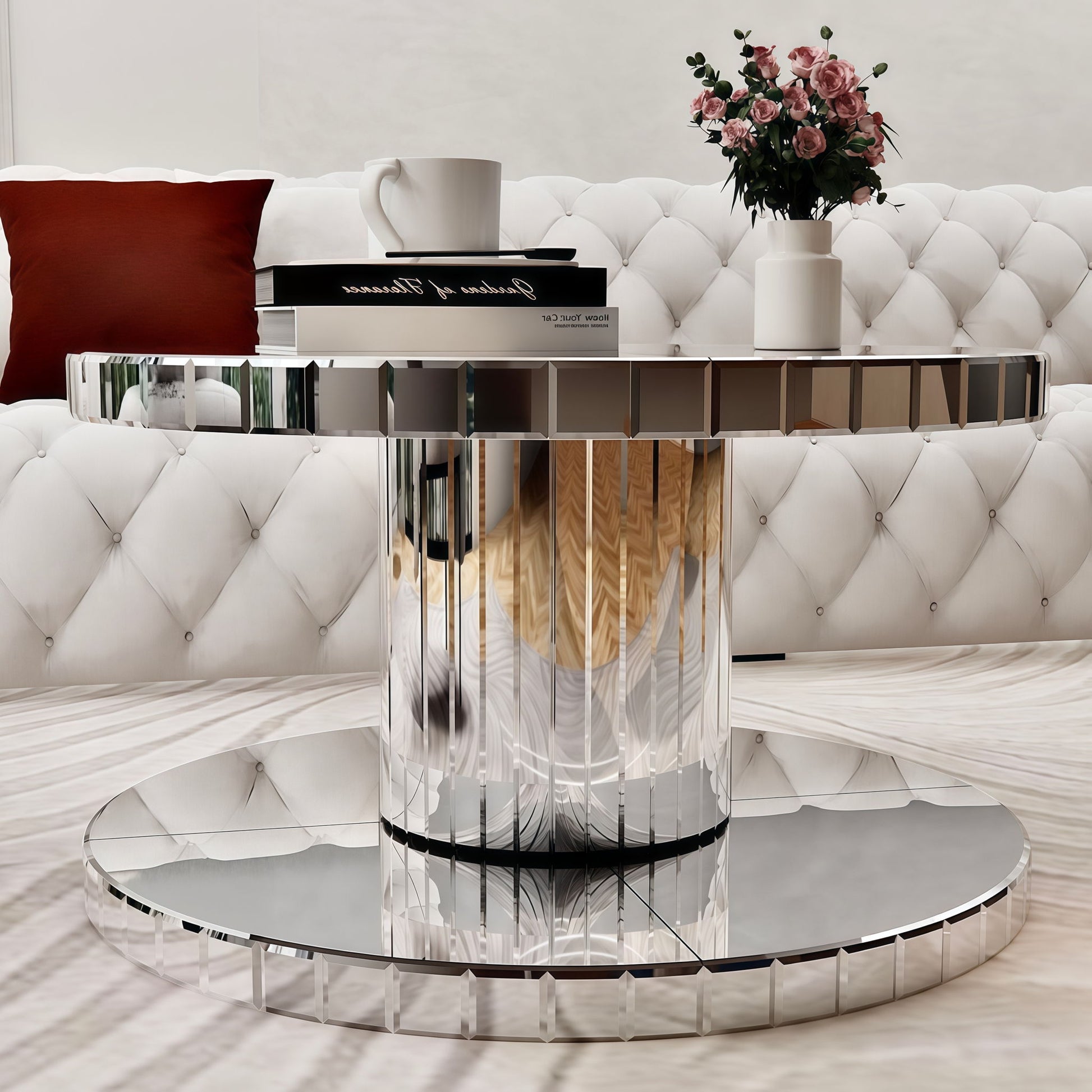 Luxury Double Tier Round Mirror Coffee & End Table With Fluted Glass Modern Sofa Side Table - Silver / Glass - Best Buy Furniture
