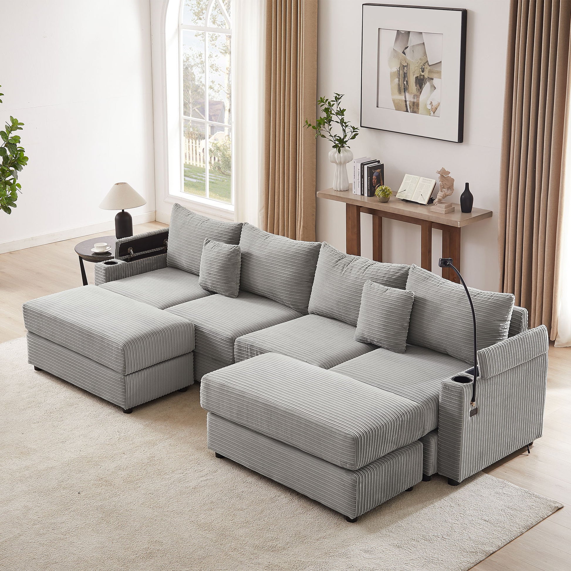 Modern Style Loveseat Sofa Sectional Sofa Couch With Storage Space, A Movable Ottoman, Two USB Ports, Two Cup Holders, A Phone Holder For Living Room - Best Buy Furniture