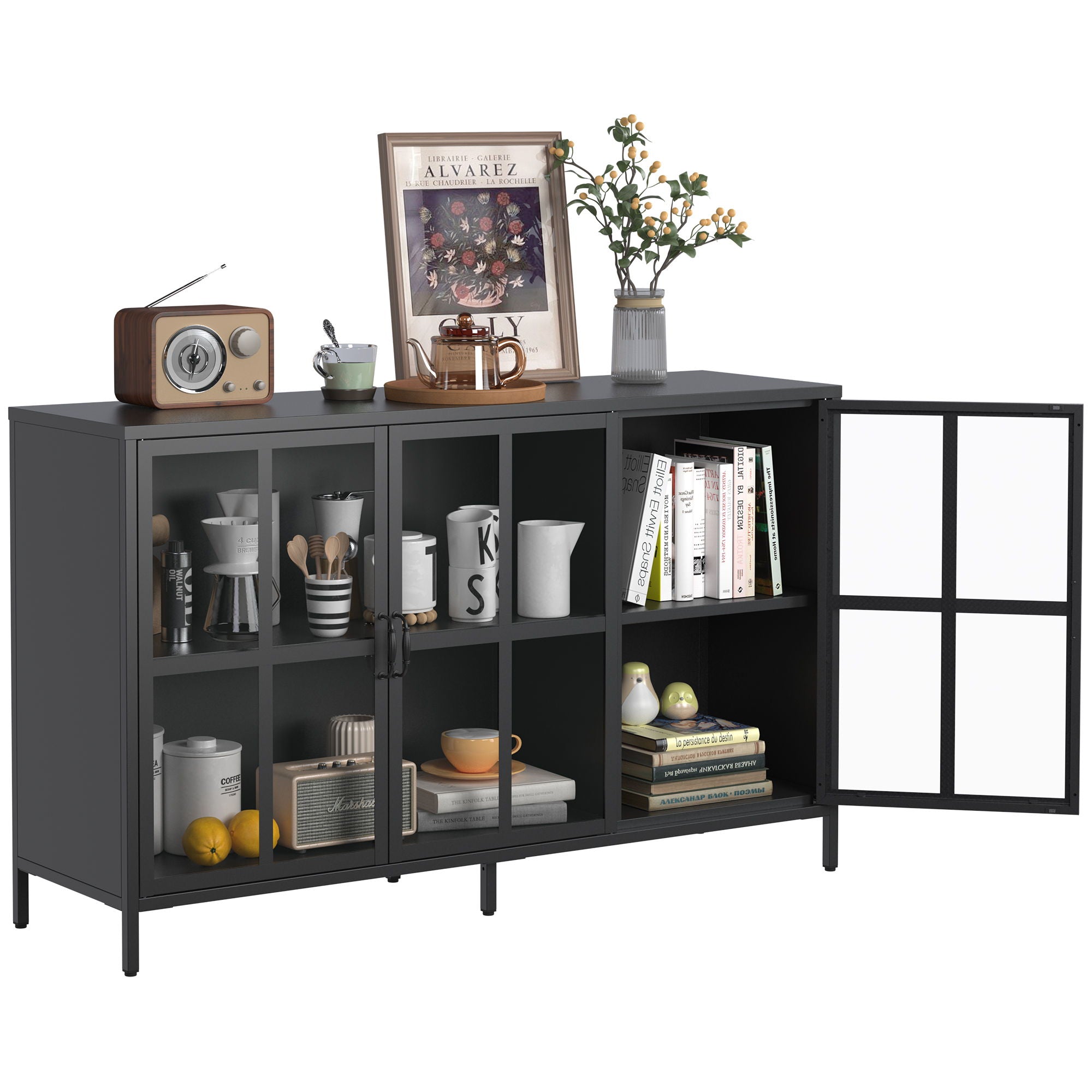 Modern Heavy Duty Metal Sideboard Buffet Cabinet With Storage, Adjustable Feet, Glass Doors, Steel - Black - Best Buy Furniture