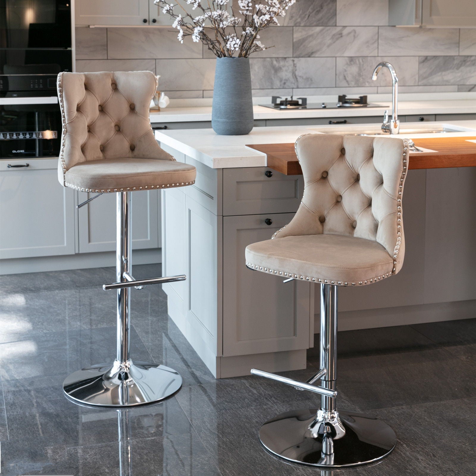 Swivel Velvet Barstools Adjusatble Seat Height From 25-33", Modern Upholstered Chrome Base Bar Stools With Backs Comfortable Tufted For Home Pub And Kitchen Island (Set of 2) - Best Buy Furniture