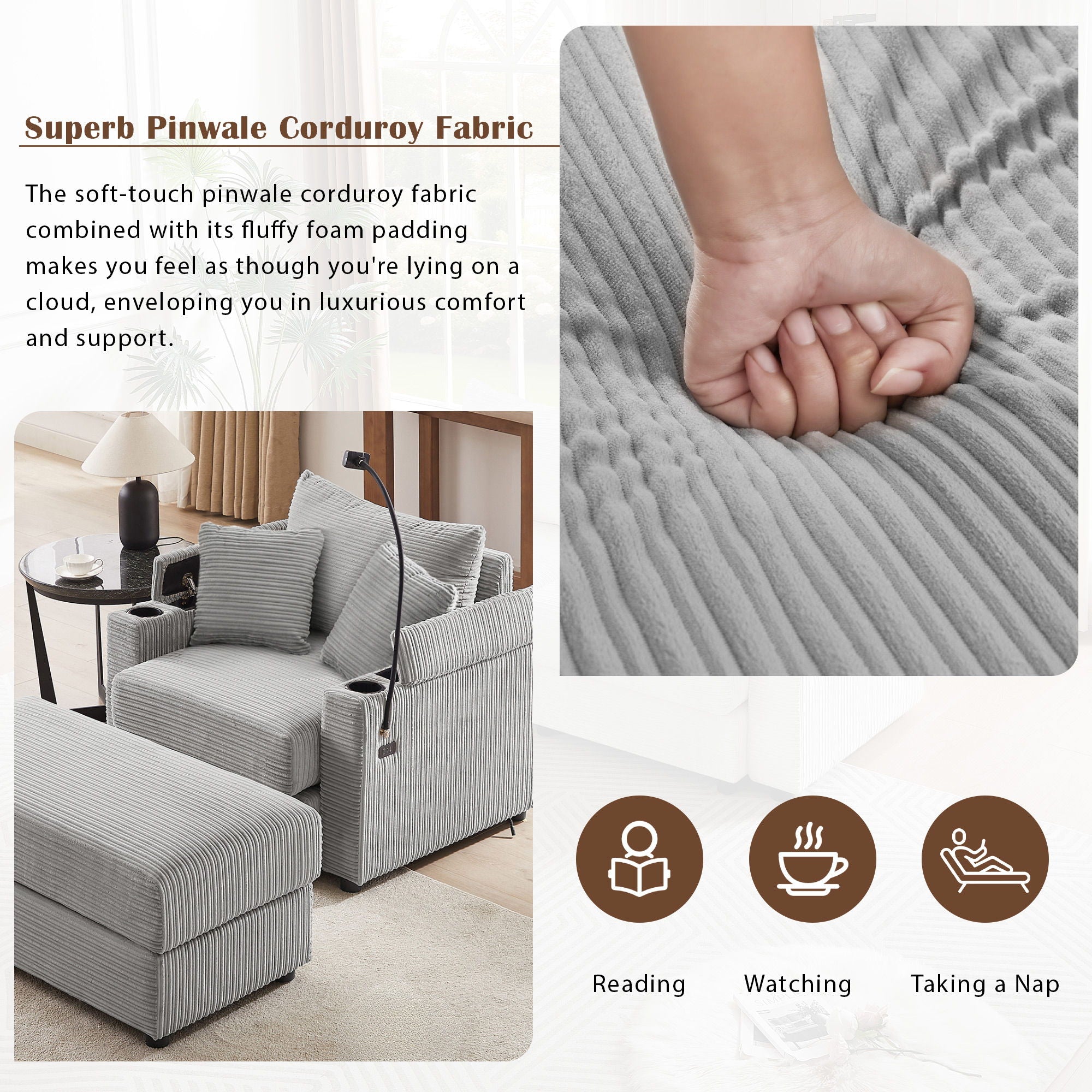 Modern Style Loveseat Sofa Sectional Sofa Couch With Storage Space, A Movable Ottoman, Two USB Ports, Two Cup Holders, A Phone Holder For Living Room - Best Buy Furniture