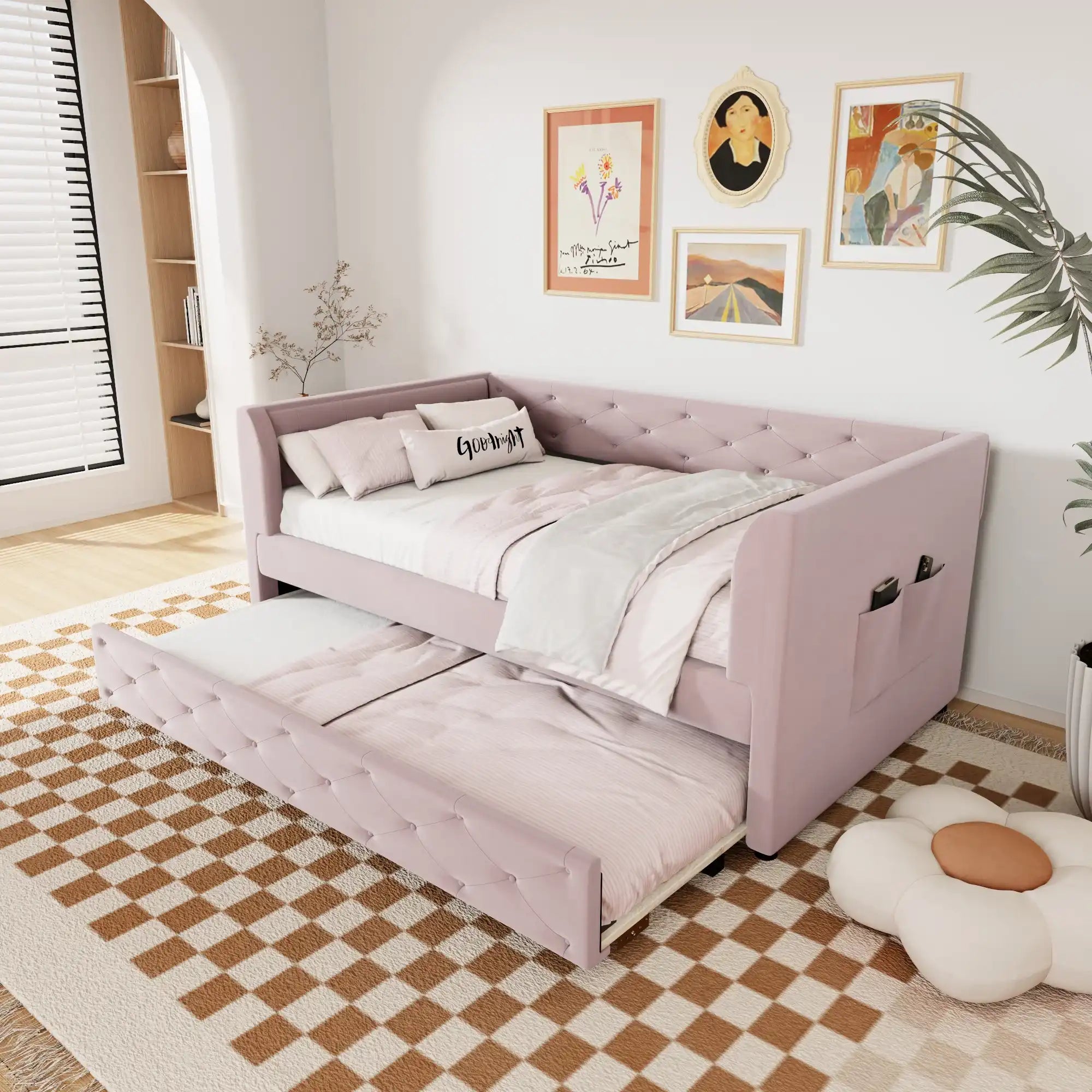 Twin Size Upholstered Velvet Tufted Daybed with Trundle, Pink - Best Buy Furniture