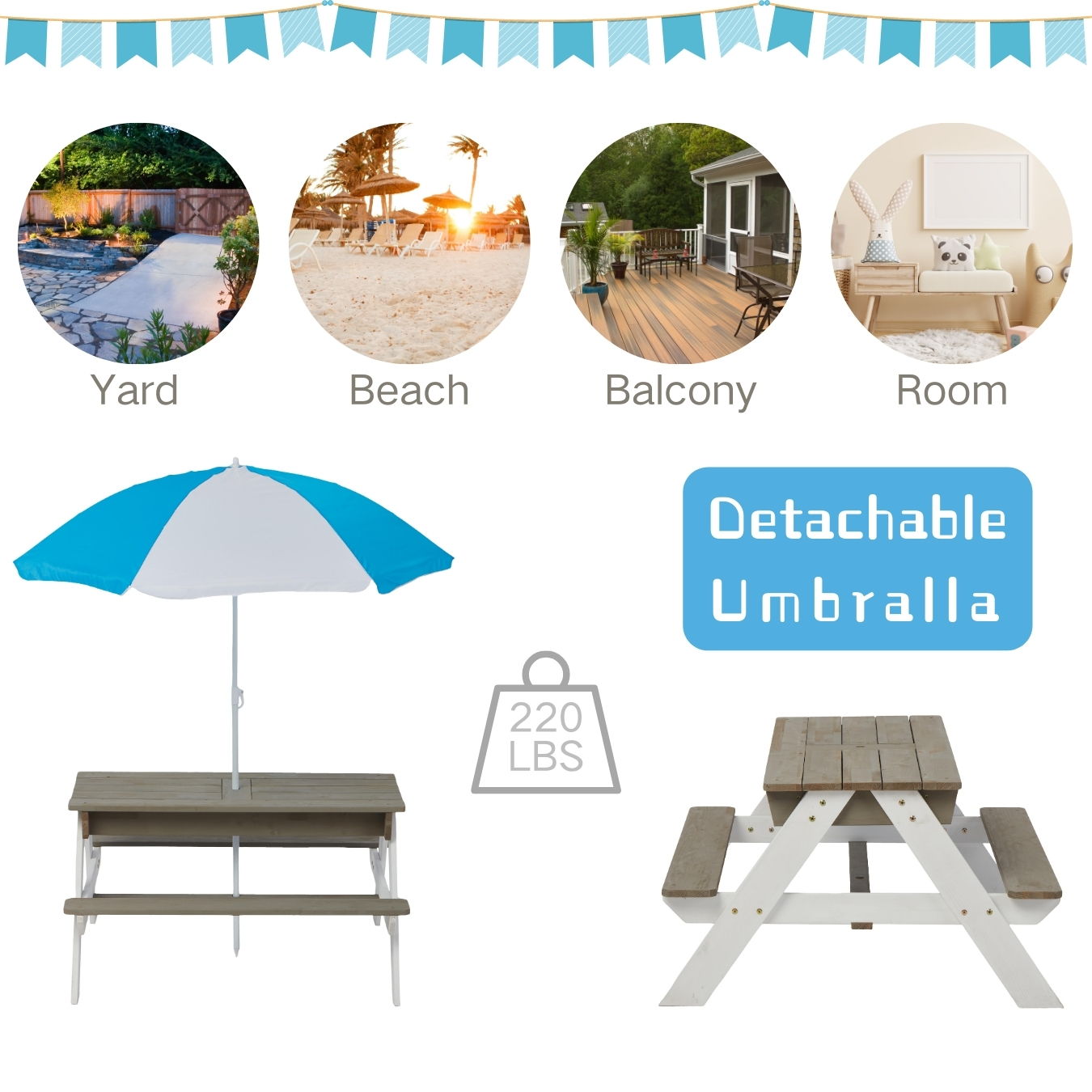 Wooden Kids Picnic Table, Sand And Water Table With Umbrella, Activity Table For Outdoor Backyard Patio Play - White / Gray - Best Buy Furniture