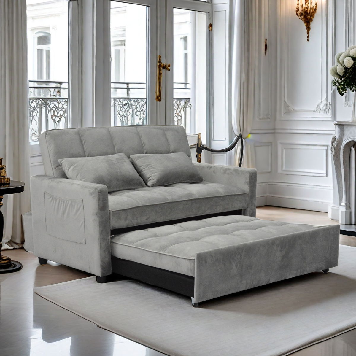 3 In 1 Convertible Sleeper Sofa Bed, Modern Velvet Fabric Futon Sofa Couch Pullout Bed, Adjustable Backrest With Three USB Ports, Two Side Pockets, Two Cup Holders And Swivel Phone Holder - Best Buy Furniture