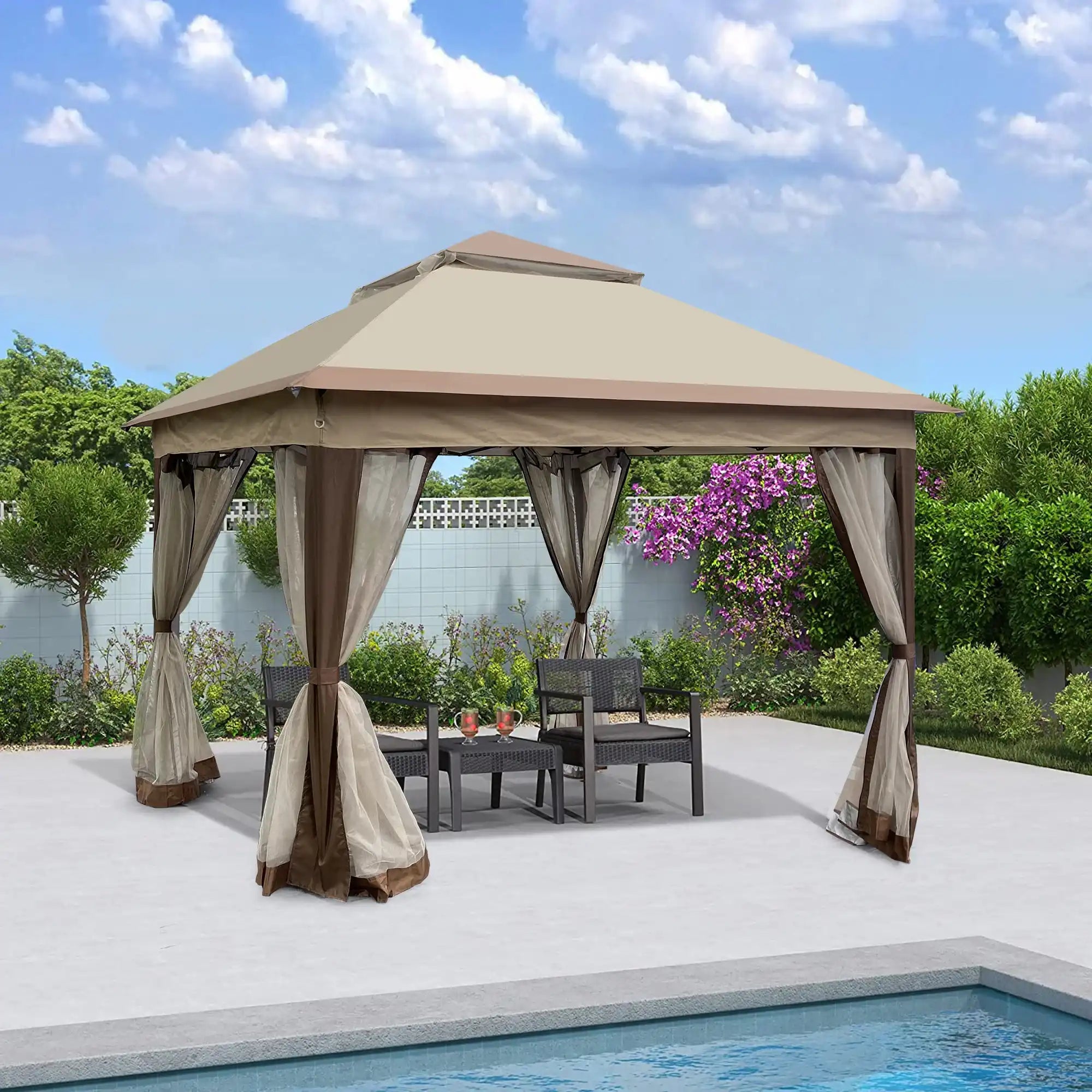 11x11 Ft Pop Up Gazebo Canopy with Removable Netting, Coffee - Best Buy Furniture