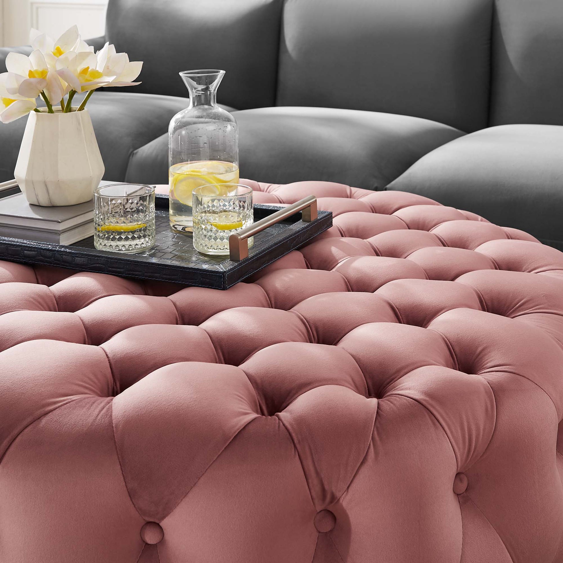 Amour Tufted Button Large Round Performance Velvet Ottoman by Modway - Best Buy Furniture