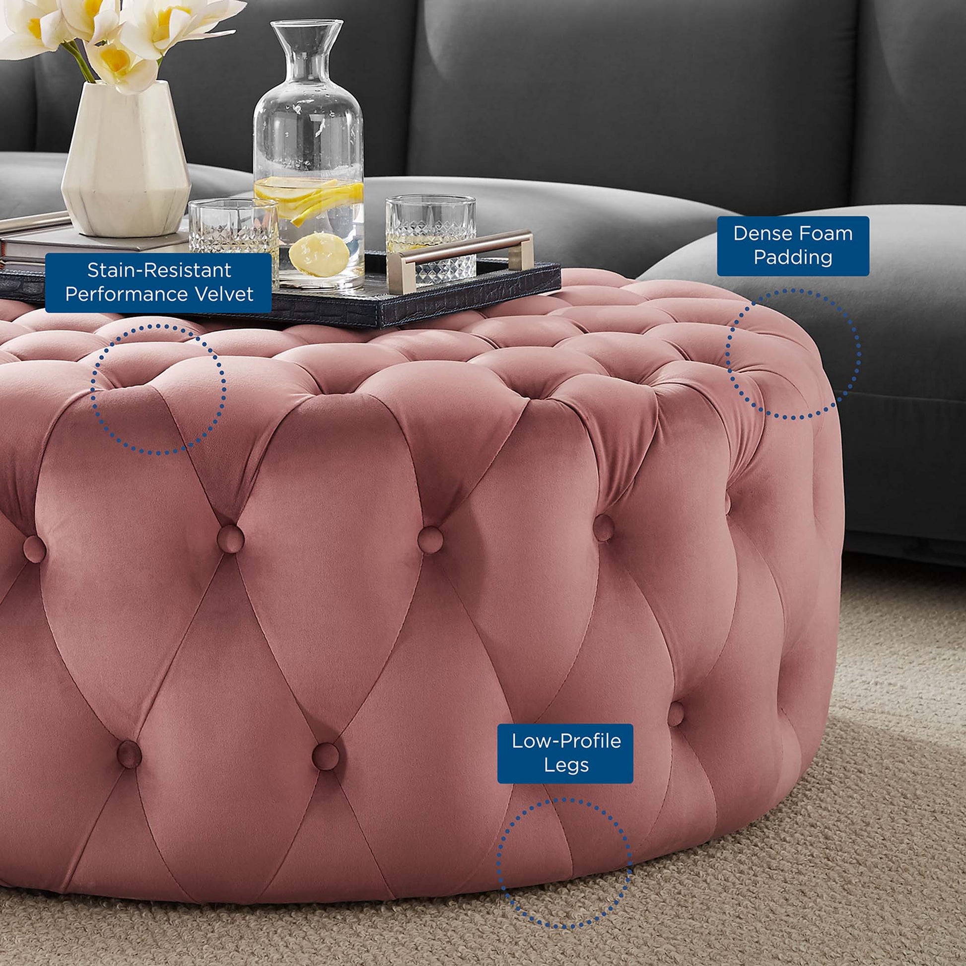 Amour Tufted Button Large Round Performance Velvet Ottoman by Modway - Best Buy Furniture