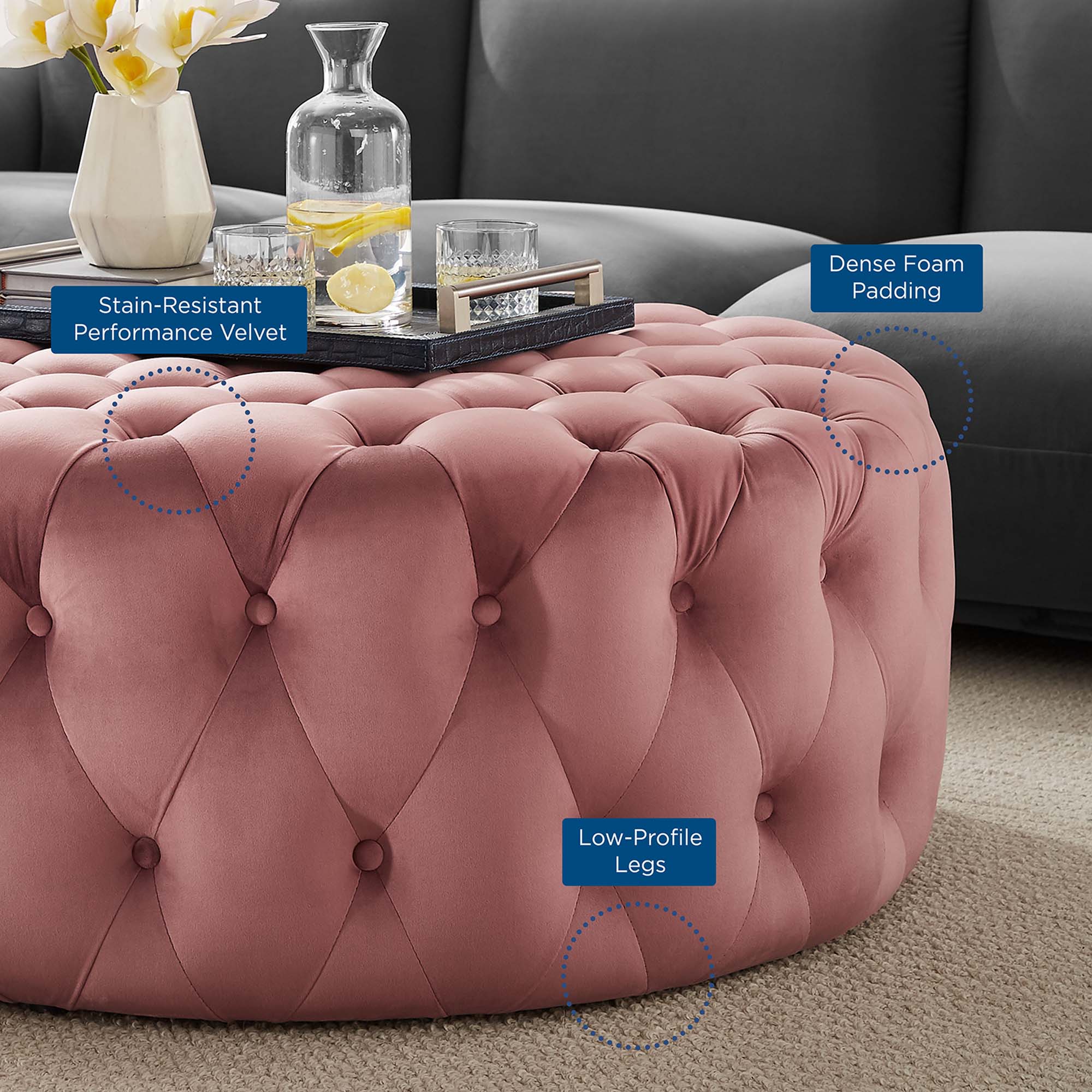 Amour Tufted Button Large Round Performance Velvet Ottoman by Modway - Best Buy Furniture