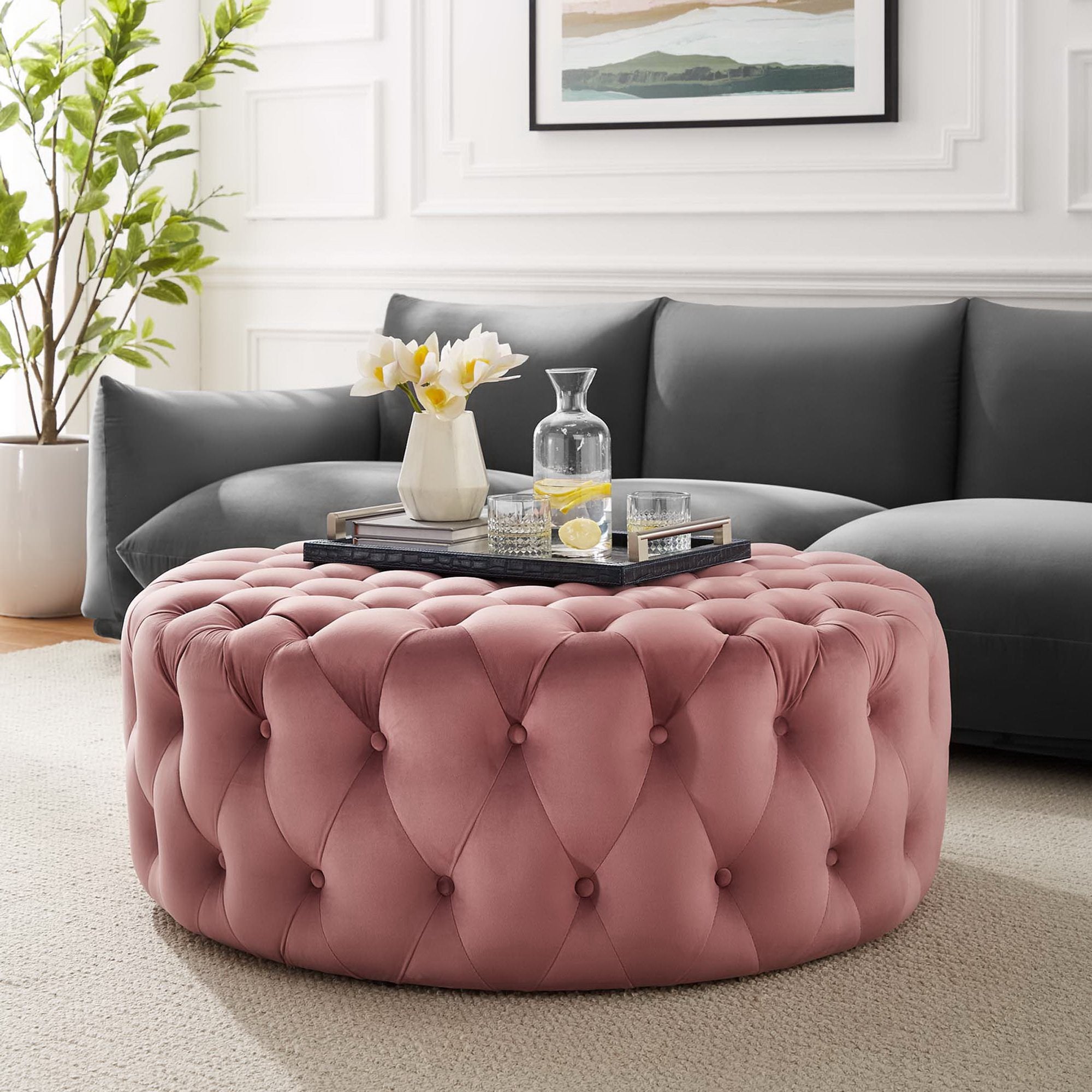 Amour Tufted Button Large Round Performance Velvet Ottoman by Modway - Best Buy Furniture