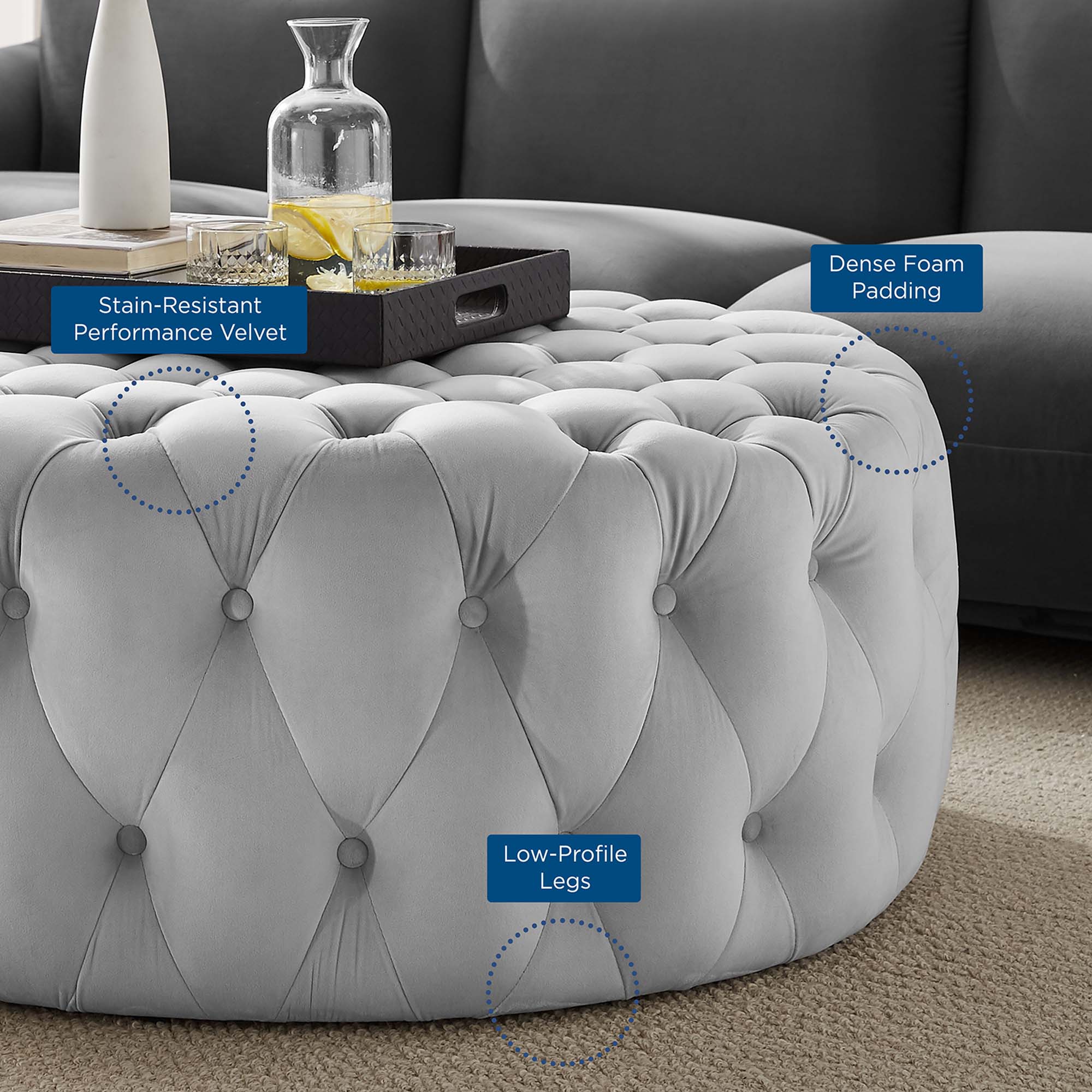 Amour Tufted Button Large Round Performance Velvet Ottoman by Modway - Best Buy Furniture