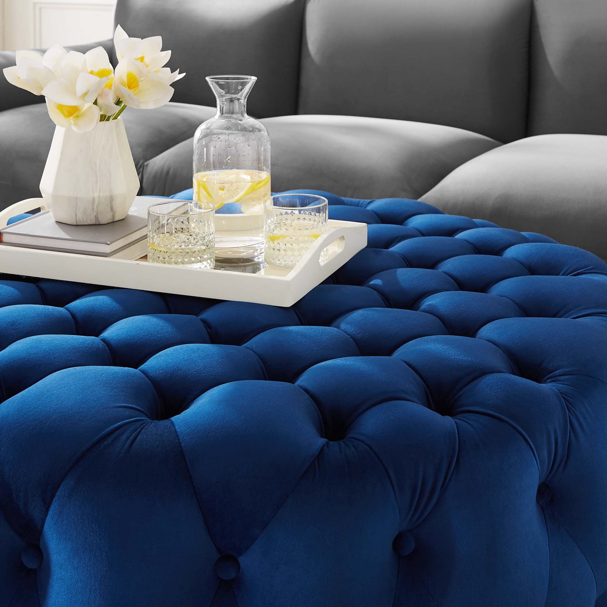 Amour Tufted Button Large Round Performance Velvet Ottoman by Modway - Best Buy Furniture