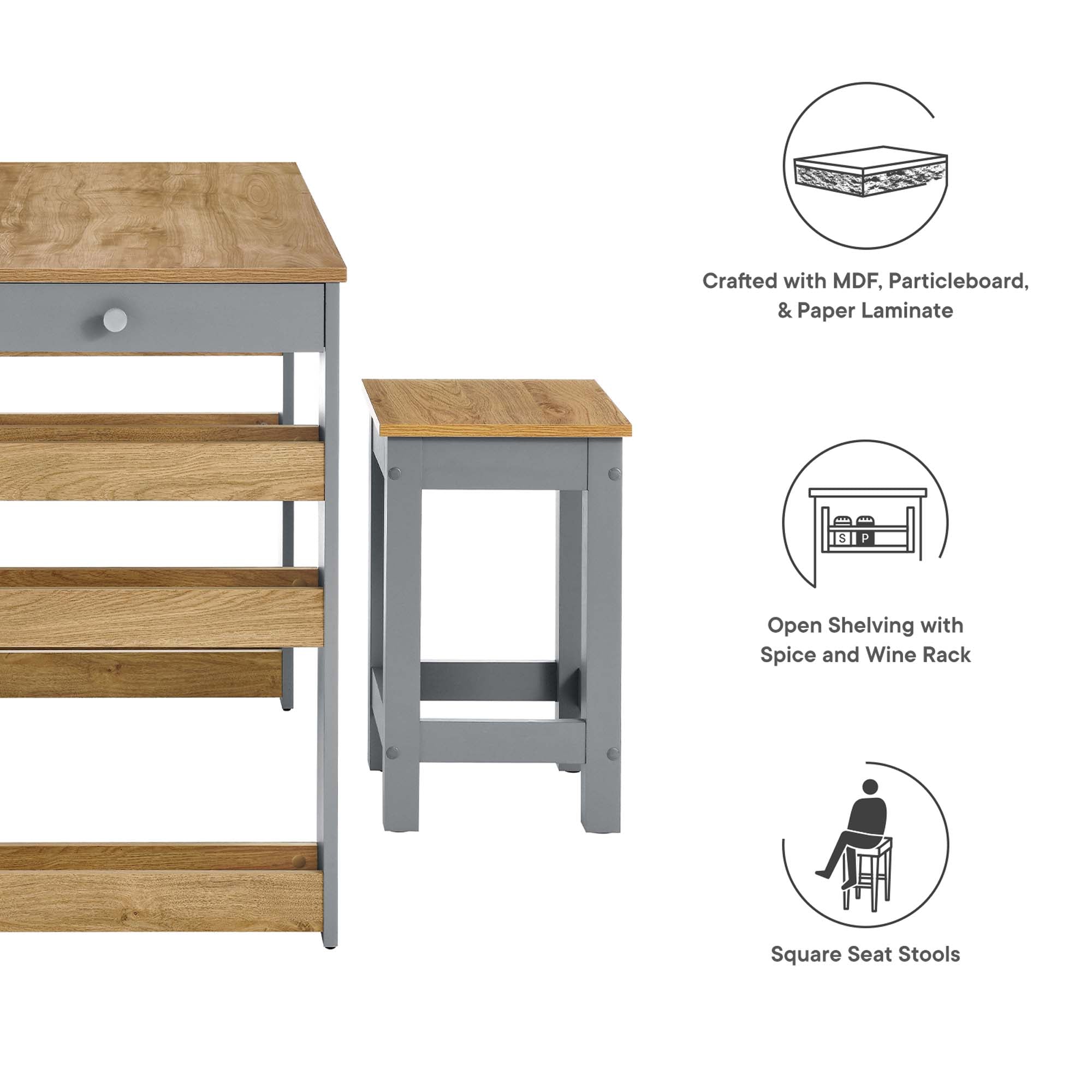 Galley 3-Piece Kitchen Island and Stool Set by Modway - Best Buy Furniture