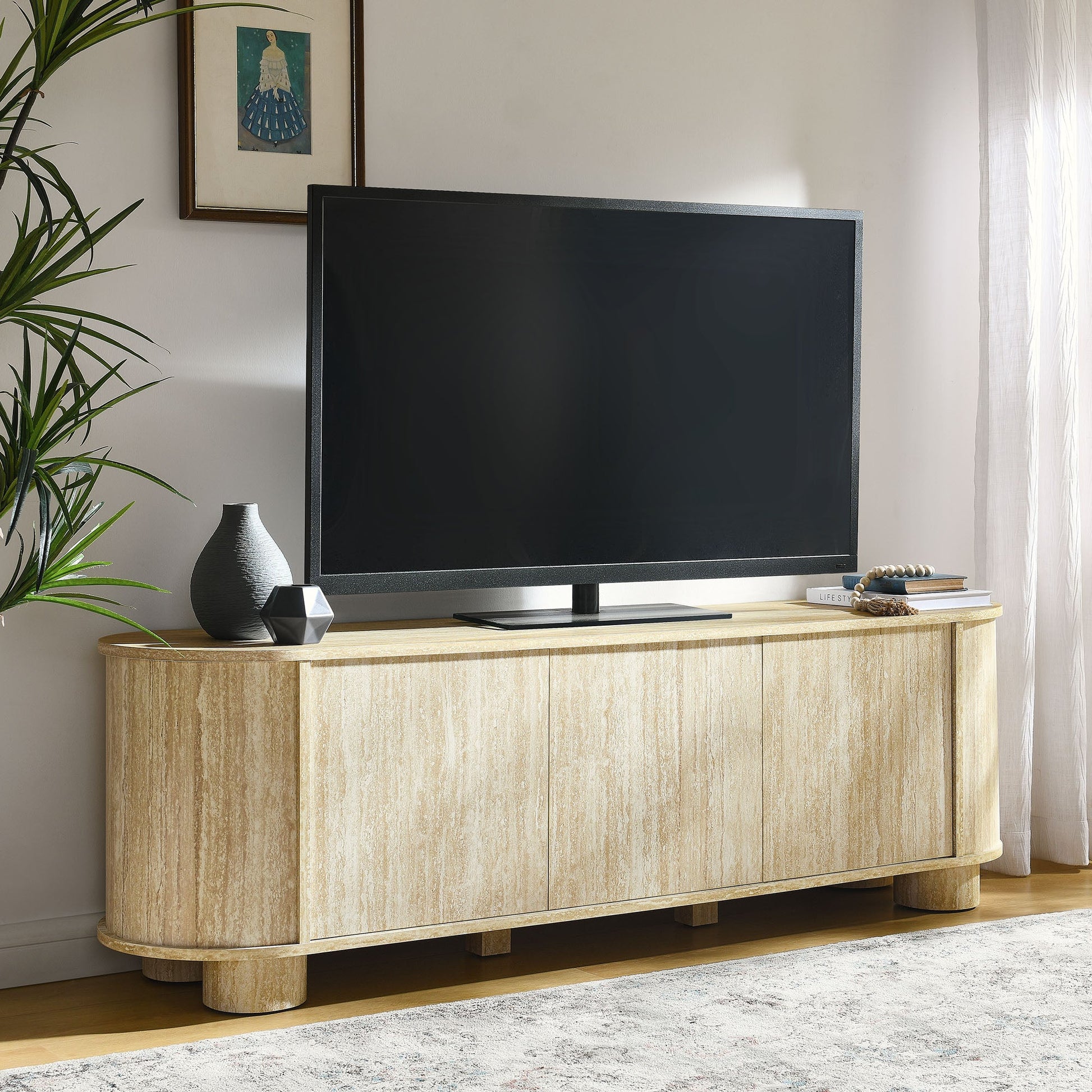 Overture 63” Oval Faux Travertine TV Stand - Best Buy Furniture
