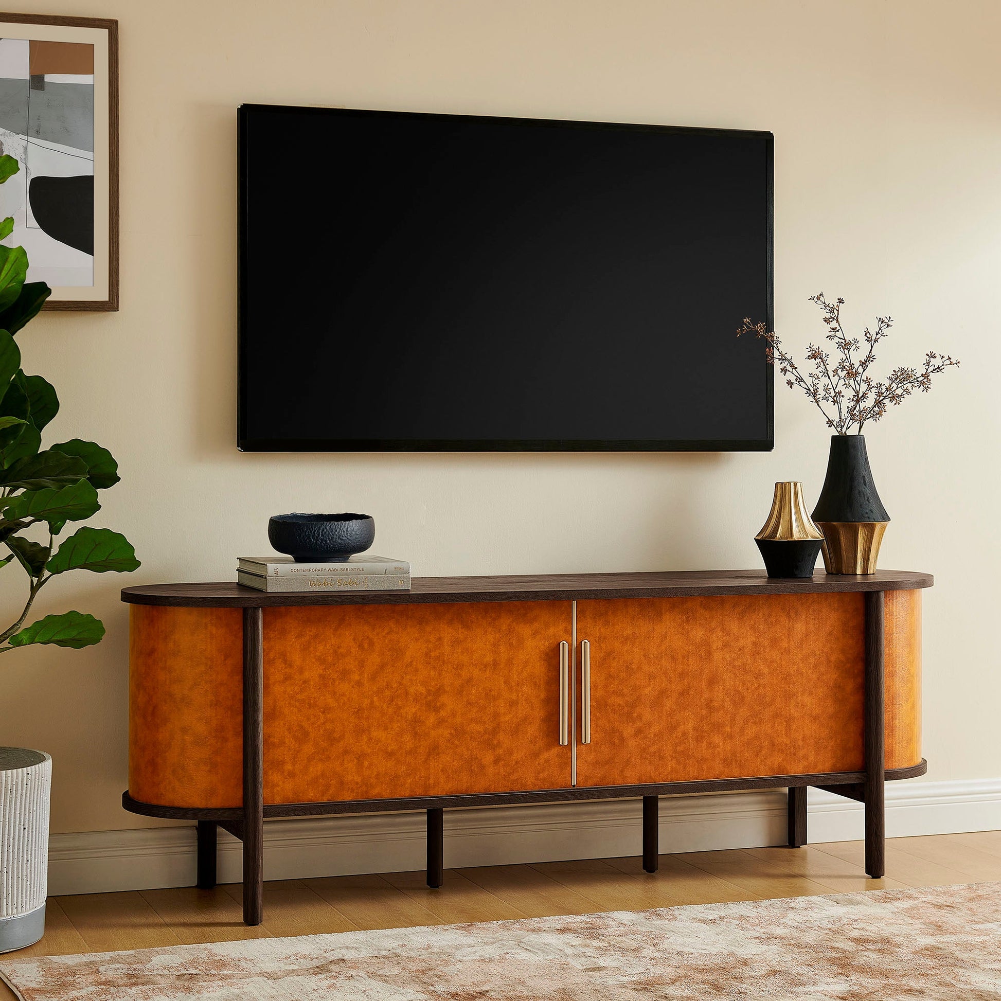 Coralie Curved 71" Vegan Leather Oval TV Stand - Best Buy Furniture