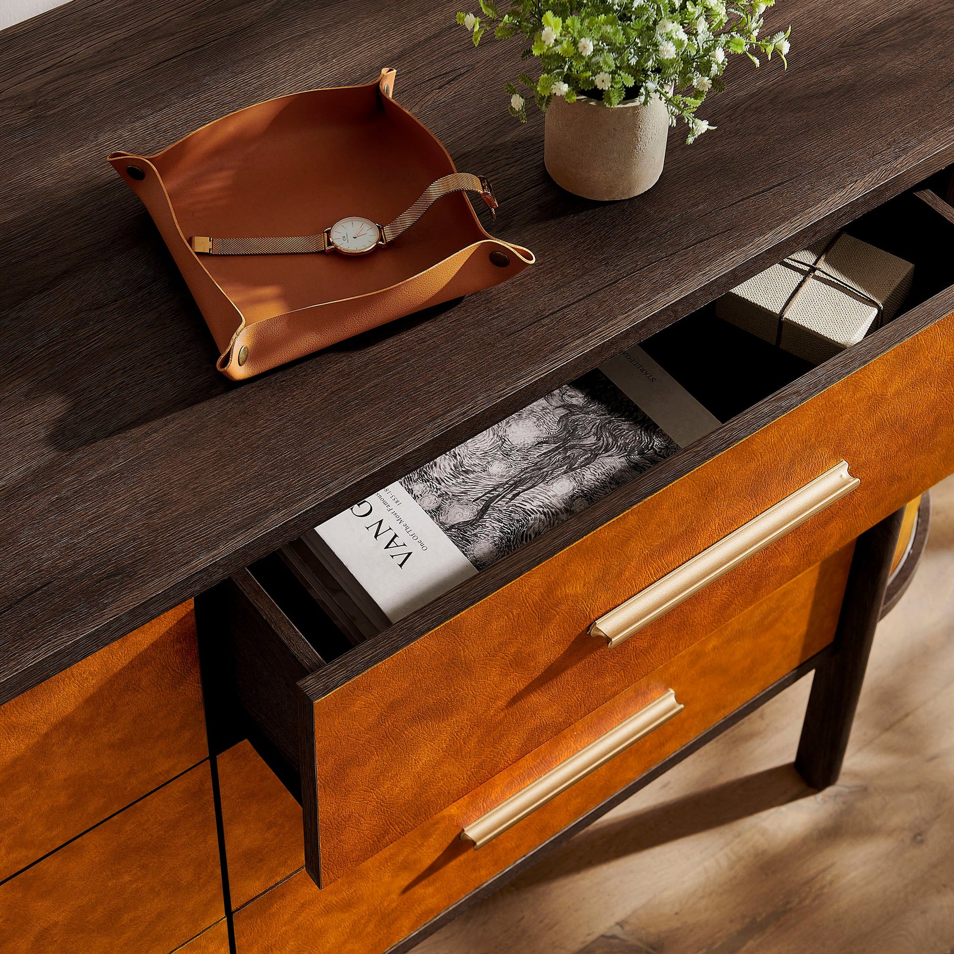 Coralie Curved 6-Drawer Vegan Leather Oval Dresser - Best Buy Furniture