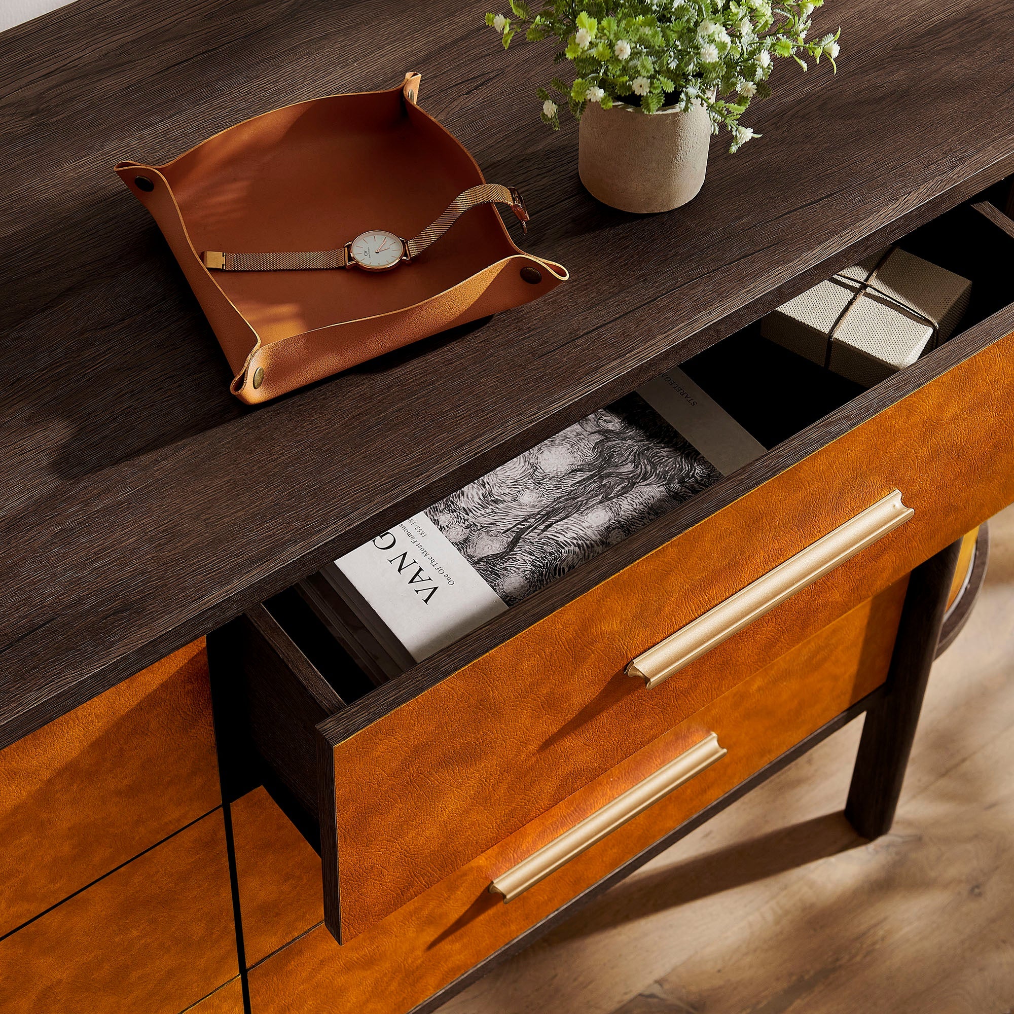 Coralie Curved 6-Drawer Vegan Leather Oval Dresser - Best Buy Furniture