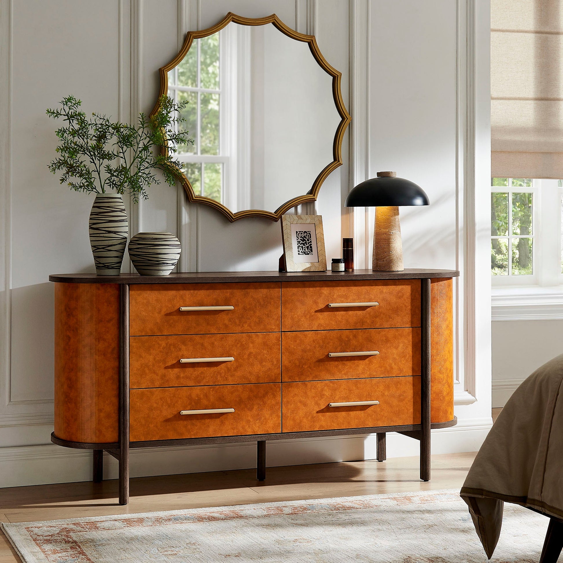 Coralie Curved 6-Drawer Vegan Leather Oval Dresser - Best Buy Furniture