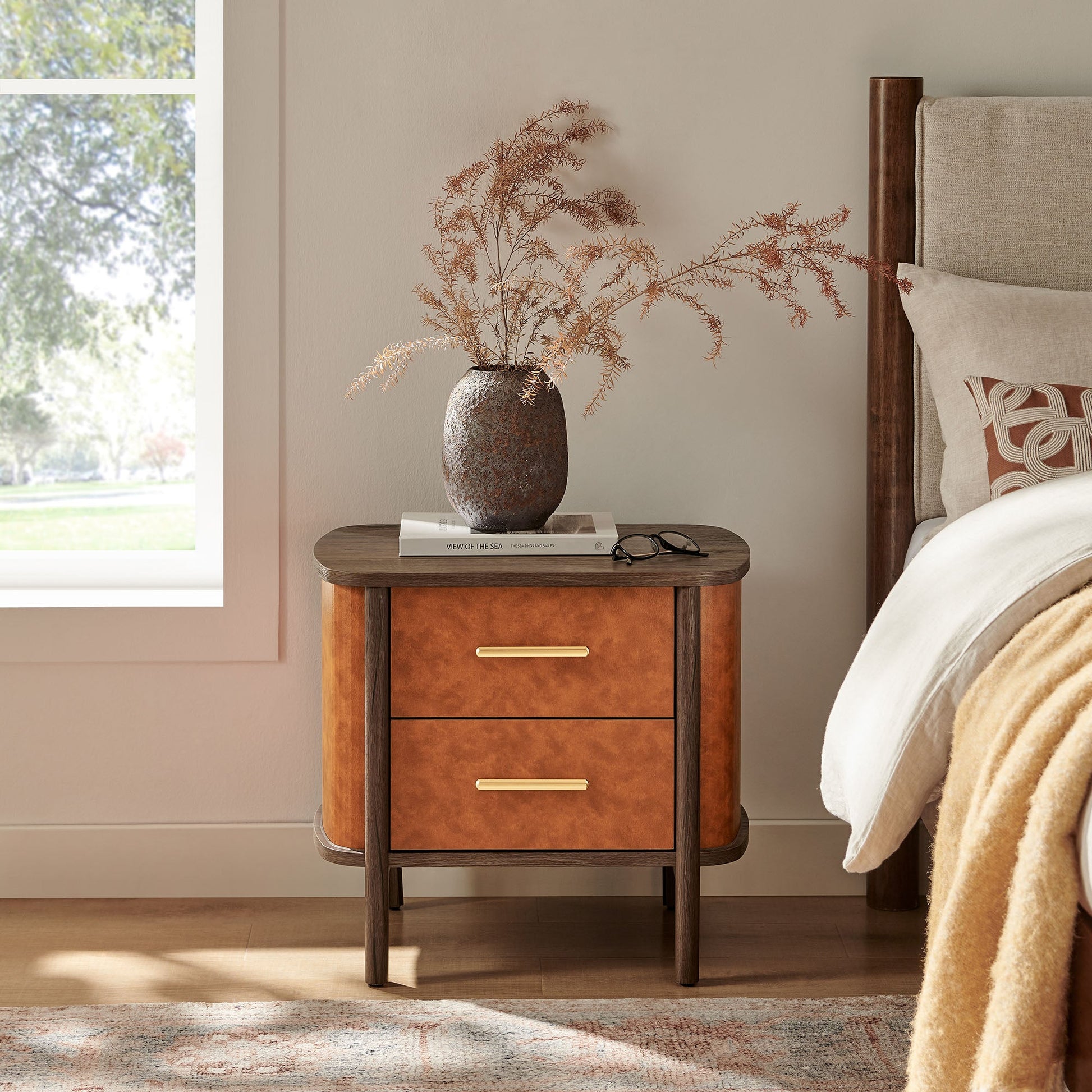 Coralie 2-Drawer Curved Vegan Leather Nightstand - Best Buy Furniture