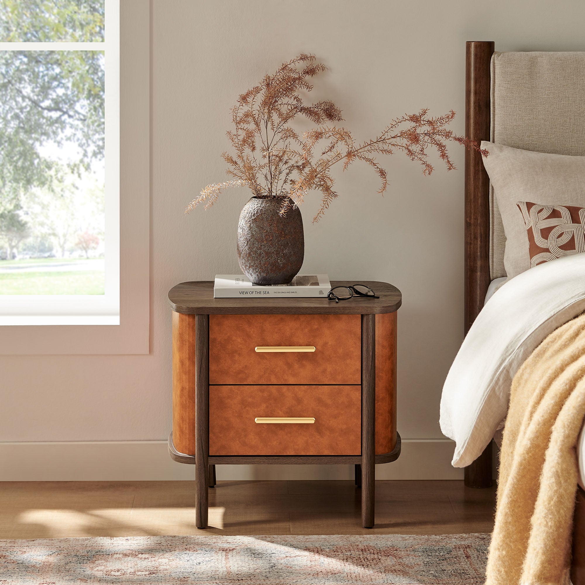 Coralie 2-Drawer Curved Vegan Leather Nightstand - Best Buy Furniture