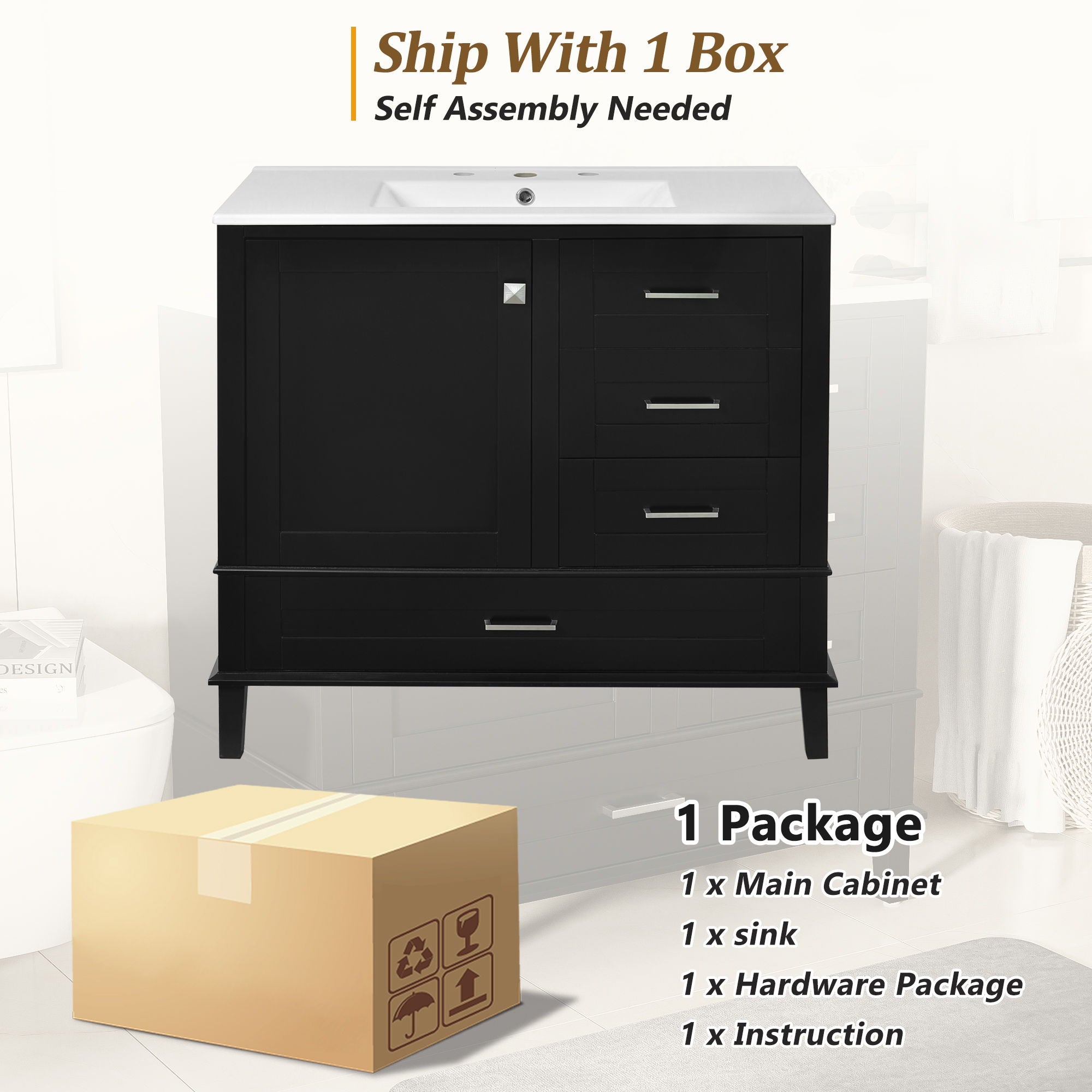 Bathroom Vanity, Modern Bathroom Cabinet With Sink Combo Set, Bathroom Storage Cabinet With A Soft Closing Door And 3 Drawers, Solid Wood Frame - Best Buy Furniture