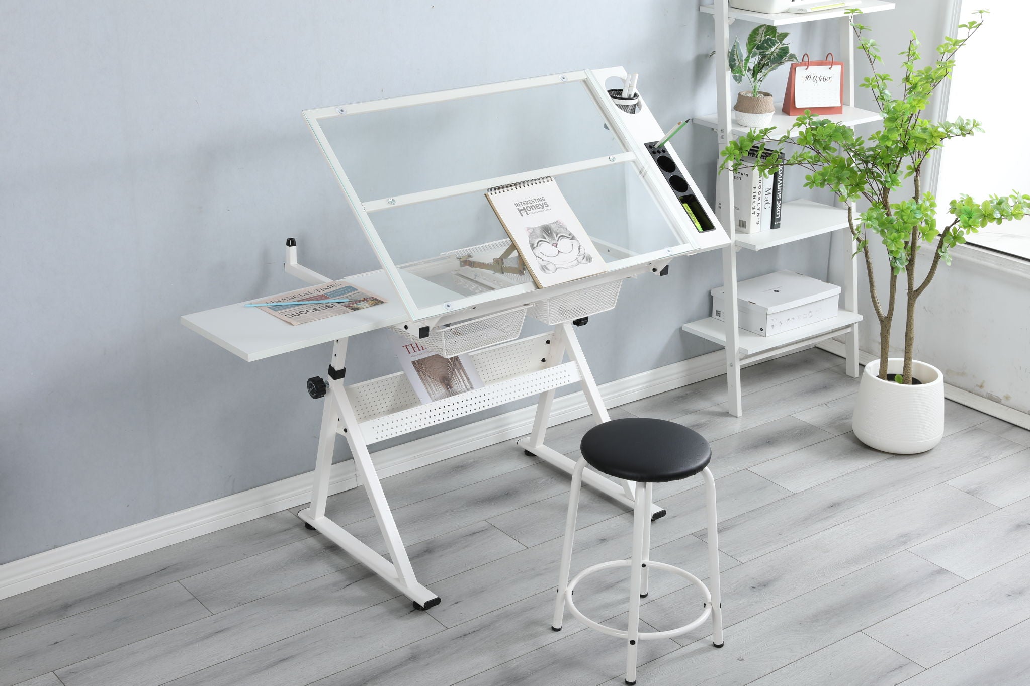 Adjustable Tempered Glass Drafting Printing Table With Chair - Best Buy Furniture