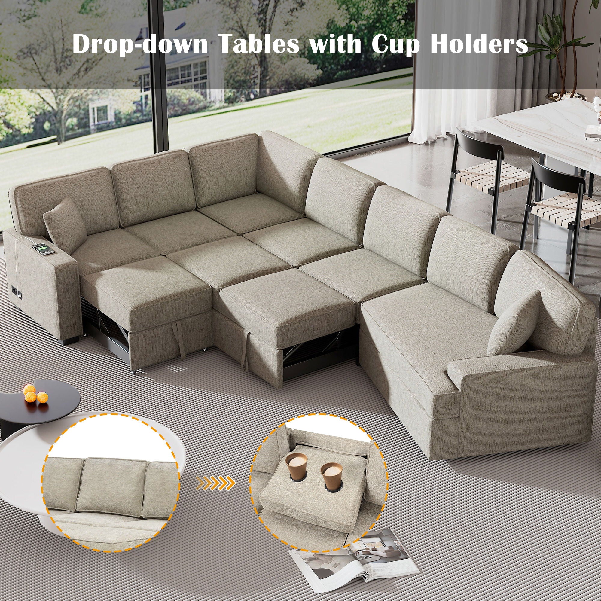 L-Shaped Sofa Sectional Sofa Couch Pull-Out Sofa Bed With Charging Devices And Cup Holders For Living Room - Best Buy Furniture