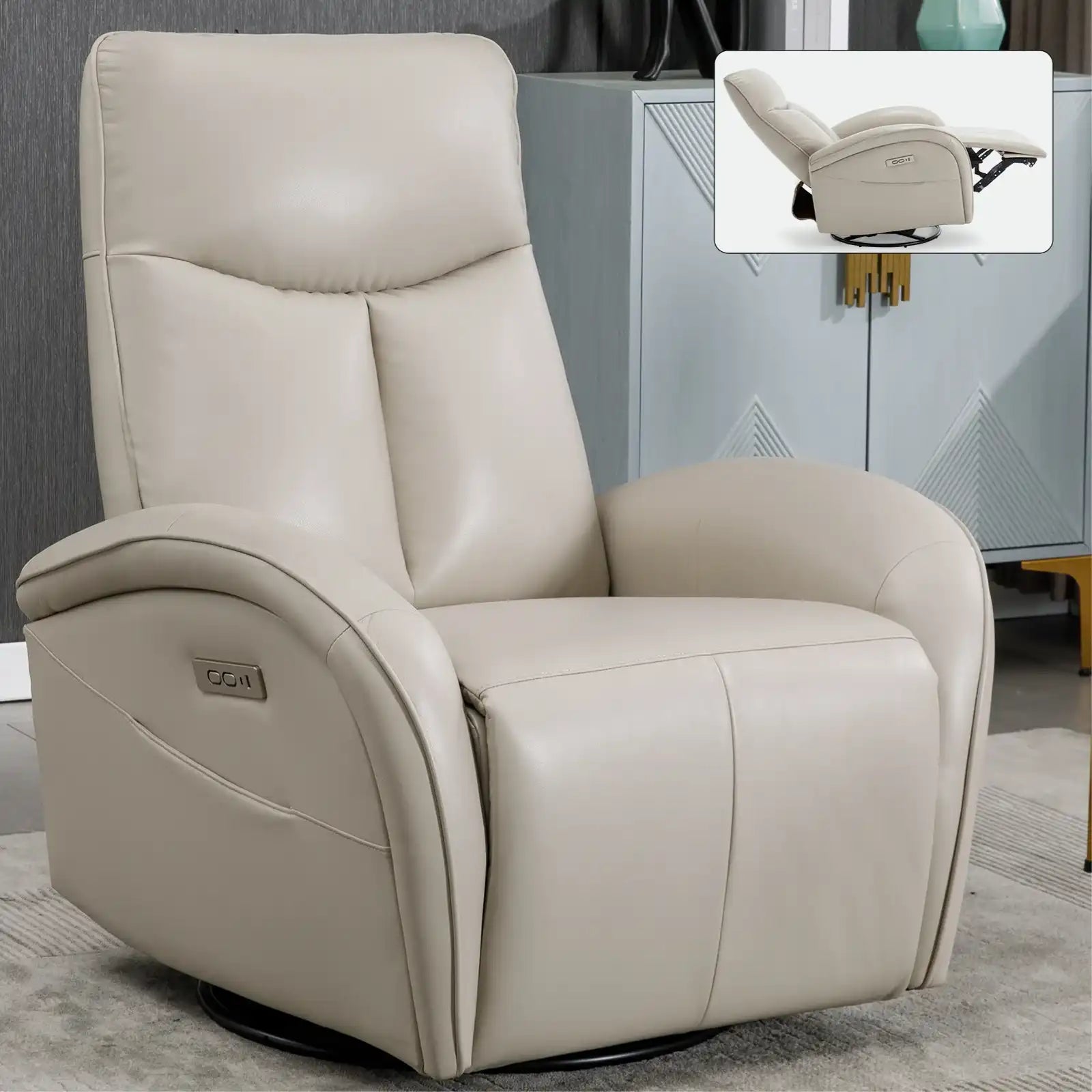 Beige Grey Leatheraire Recliner Chair, Swivel & Rocker with USB - Best Buy Furniture