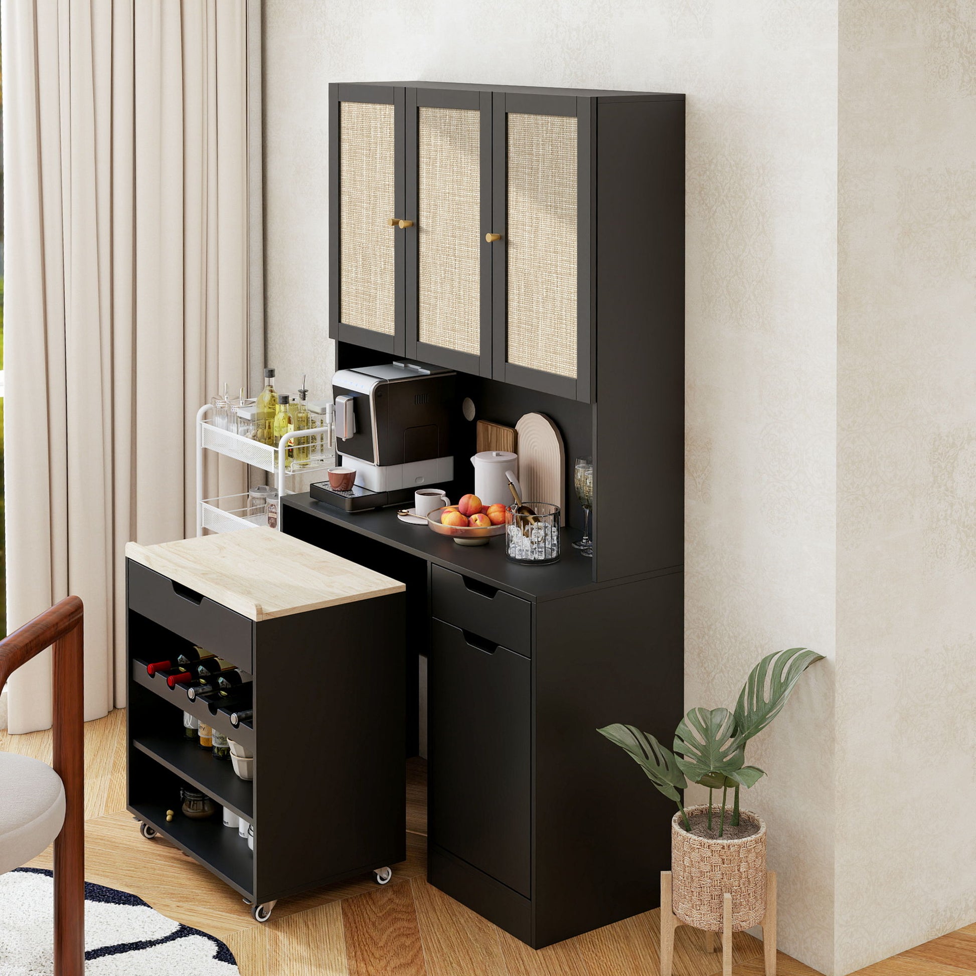 Kitchen Pantry Storage Cabinet, Modern Buffet Cabinet With Kitchen Cart, Tall Kitchen Hutch Cabinet With Microwave Stand, Food Pantry Cabinet With 3 Rattan Doors And Adjustable Shelves - Black - Best Buy Furniture