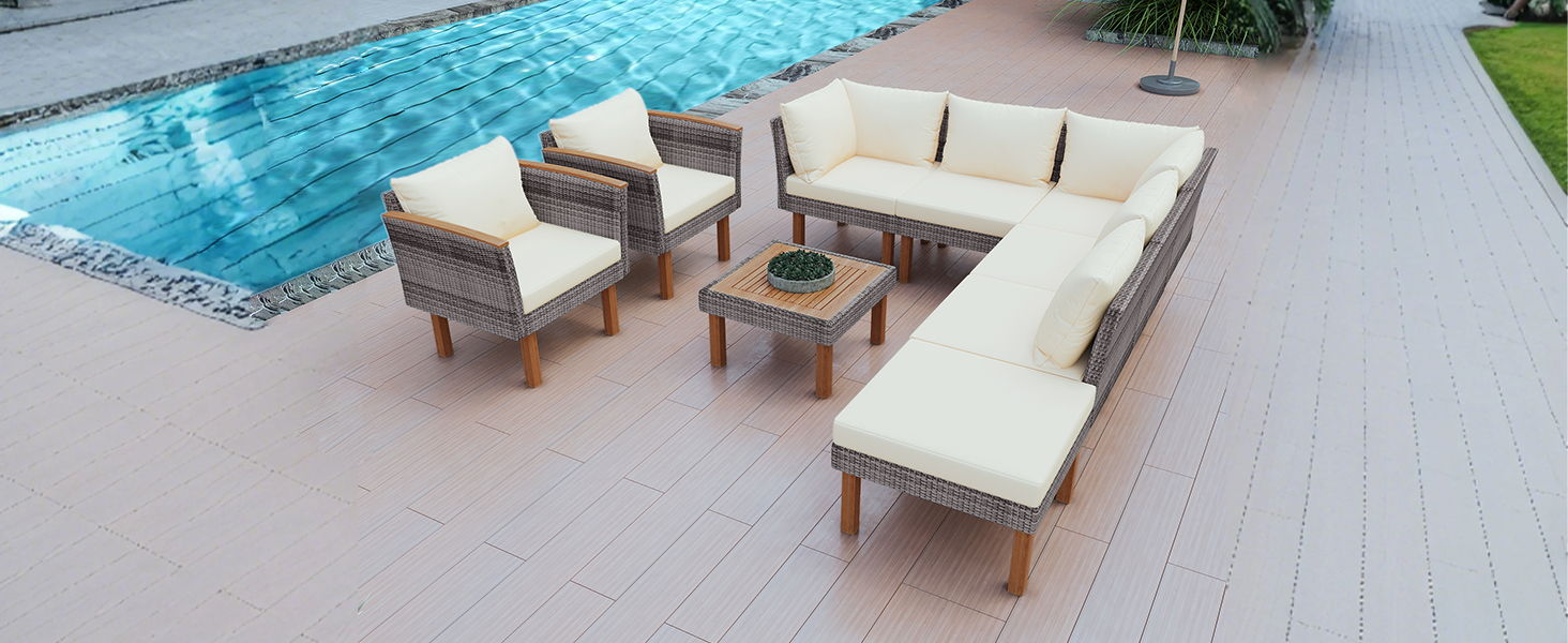 9 Piece Patio Rattan Furniture Set, Outdoor Conversation Set With Acacia Wood Legs And Tabletop, PE Rattan Sectional Sofa Set With Coffee Table, Washable Cushion - Best Buy Furniture