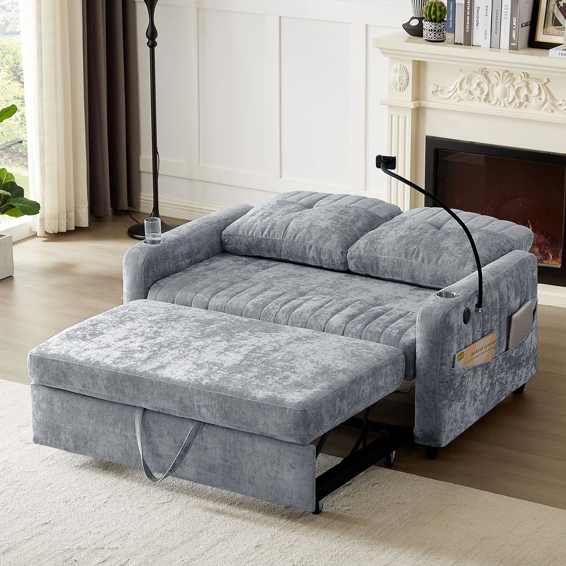 Modern Loveseat Pull Out Sofa Bed With Adjustable Backrest, Two Cup Holders, A Phone Holder, Three Charging Ports And Side Storage Pockets For Living Room - Best Buy Furniture